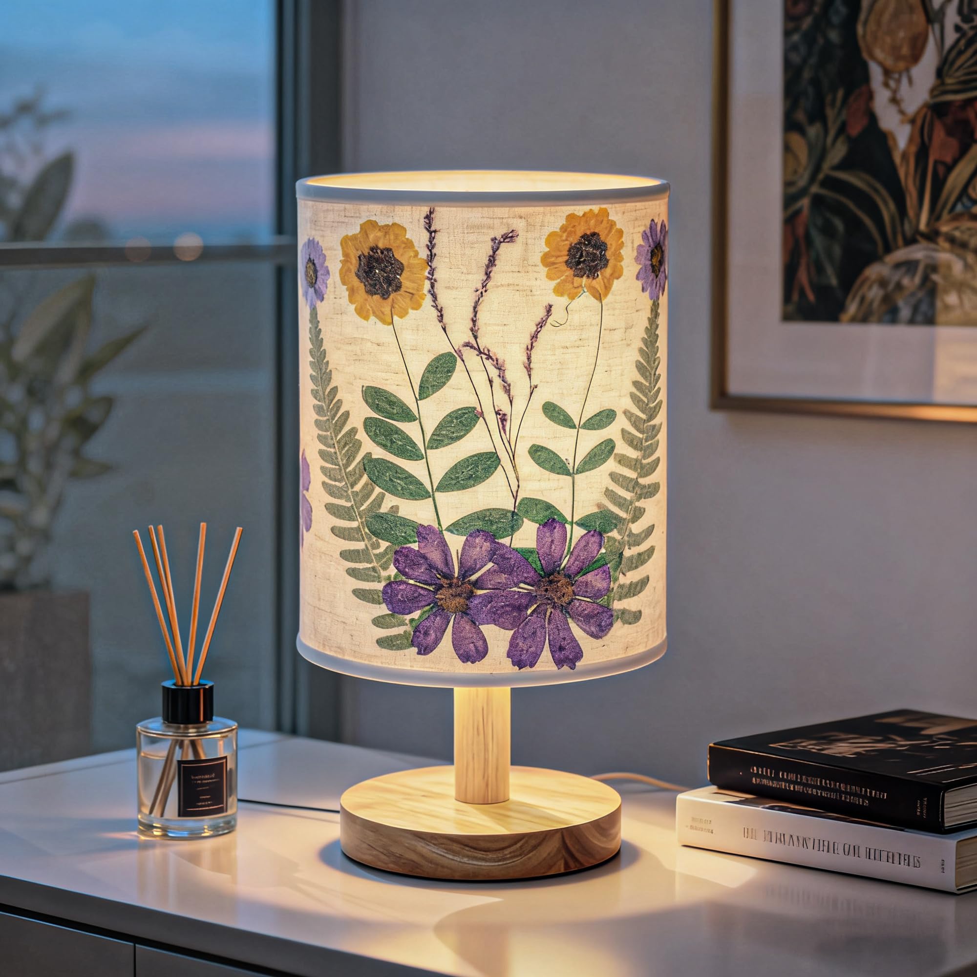 Xmpmrb Artisan Crafted Floral Pressed Nightstand Lamp - Handmade Vintage Table Light with Adjustable Warm Glow for Bedroom, Offi
