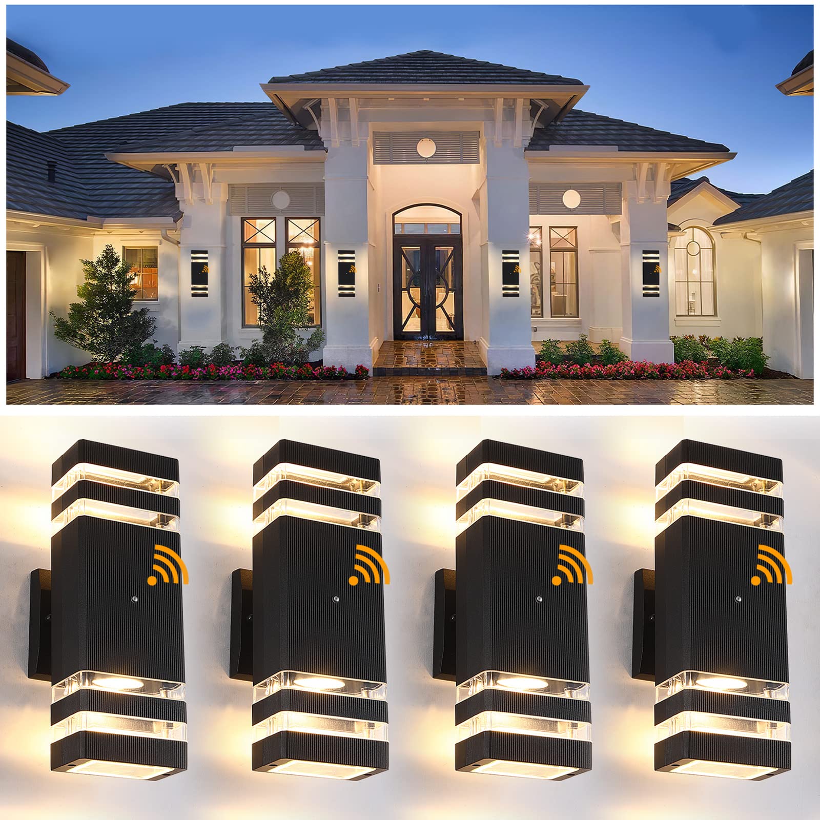 BOXCUPIN Outdoor Wall Lights, Dusk to Dawn Sensor, 4 Pack, Aluminum, Waterproof, Black, Model BXOWLS8