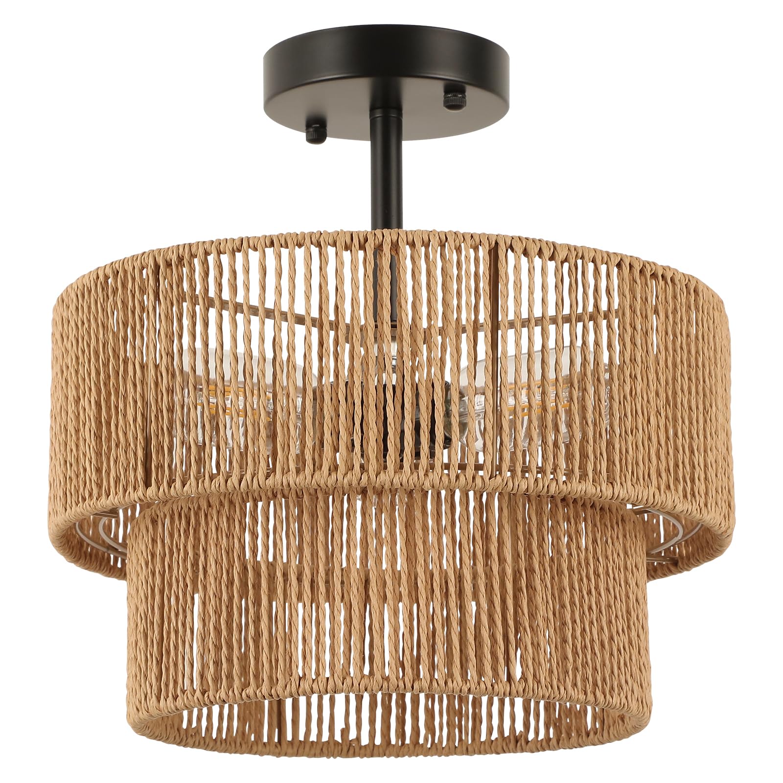 foucasal Boho Light Fixtures Ceiling Mount, 3-Light Rattan Chandelier Woven Double-Layer Semi Flush Mount Ceiling Light for Hall