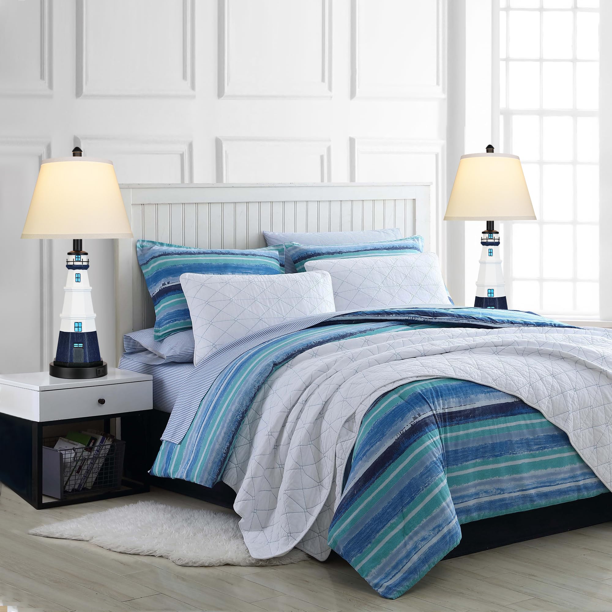 WIHTU Table Lamps Set of 2, Nautical Resin Nightstand Lamps, Modern Navy Blue Lighthouse, Bulbs Included, HD-LWTTD-Navy