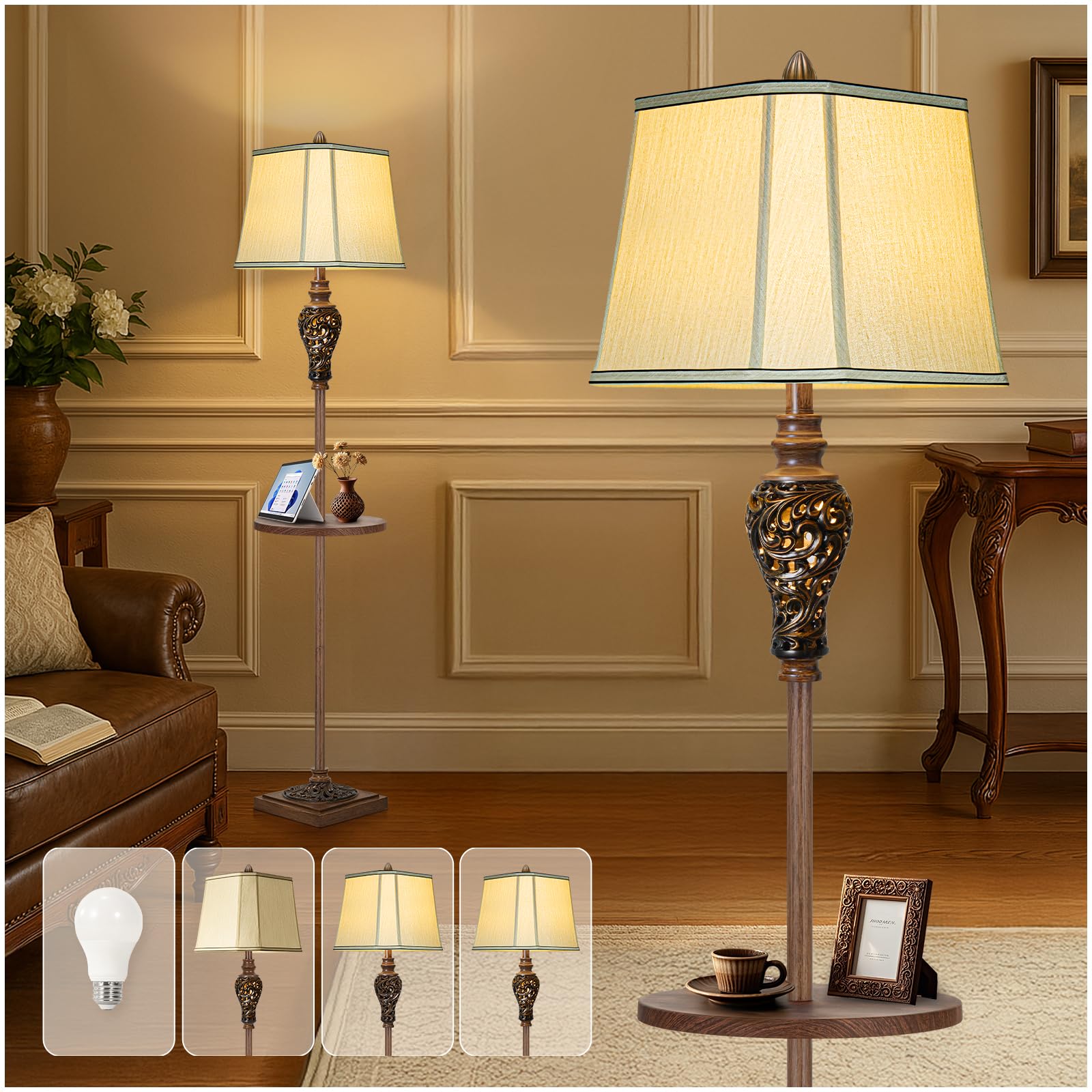 65'' High Vintage Floor Lamp With Night Light And Glass Tray, Farmhouse Standing Lamp With Beige Faux Silk Shade, Retro Rustic T