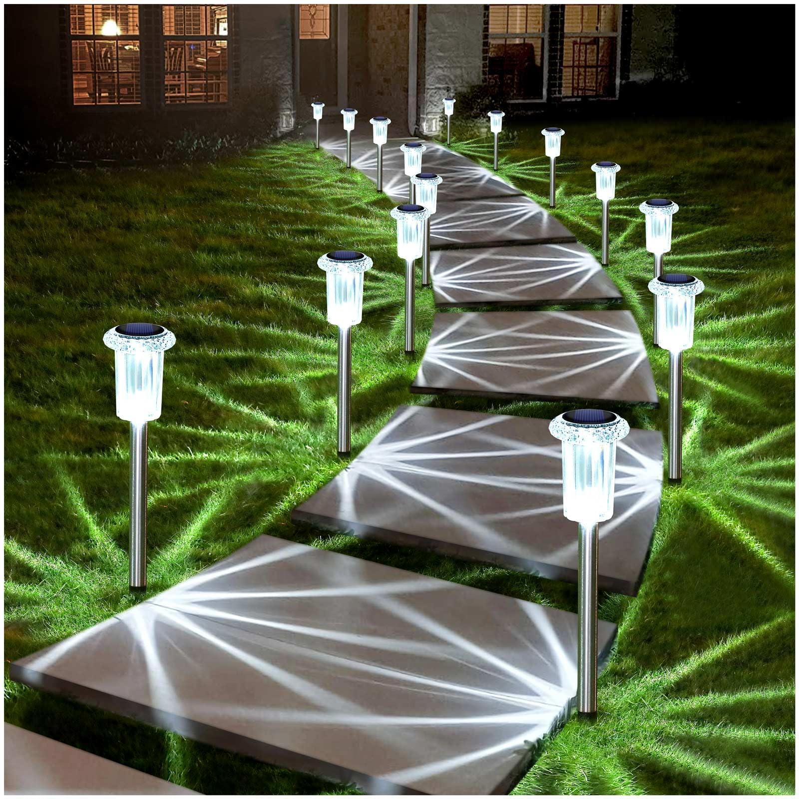 Denicmic 6000K Solar Pathway Lights, Waterproof Acrylic, Stainless Steel, Cold White 10-Pack