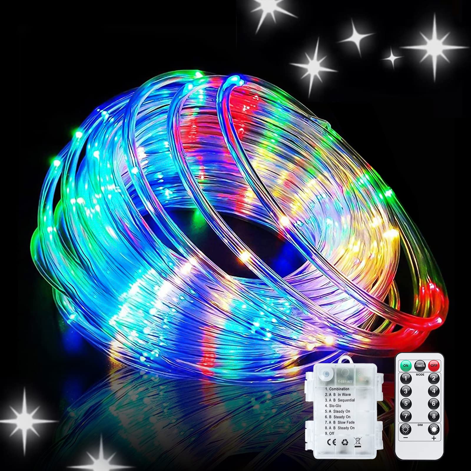 JMEXSUSS 100 LED Battery Rope Lights, 33ft, Waterproof Fairy Lights, Remote Controlled, Multicolor, Model Rope100B