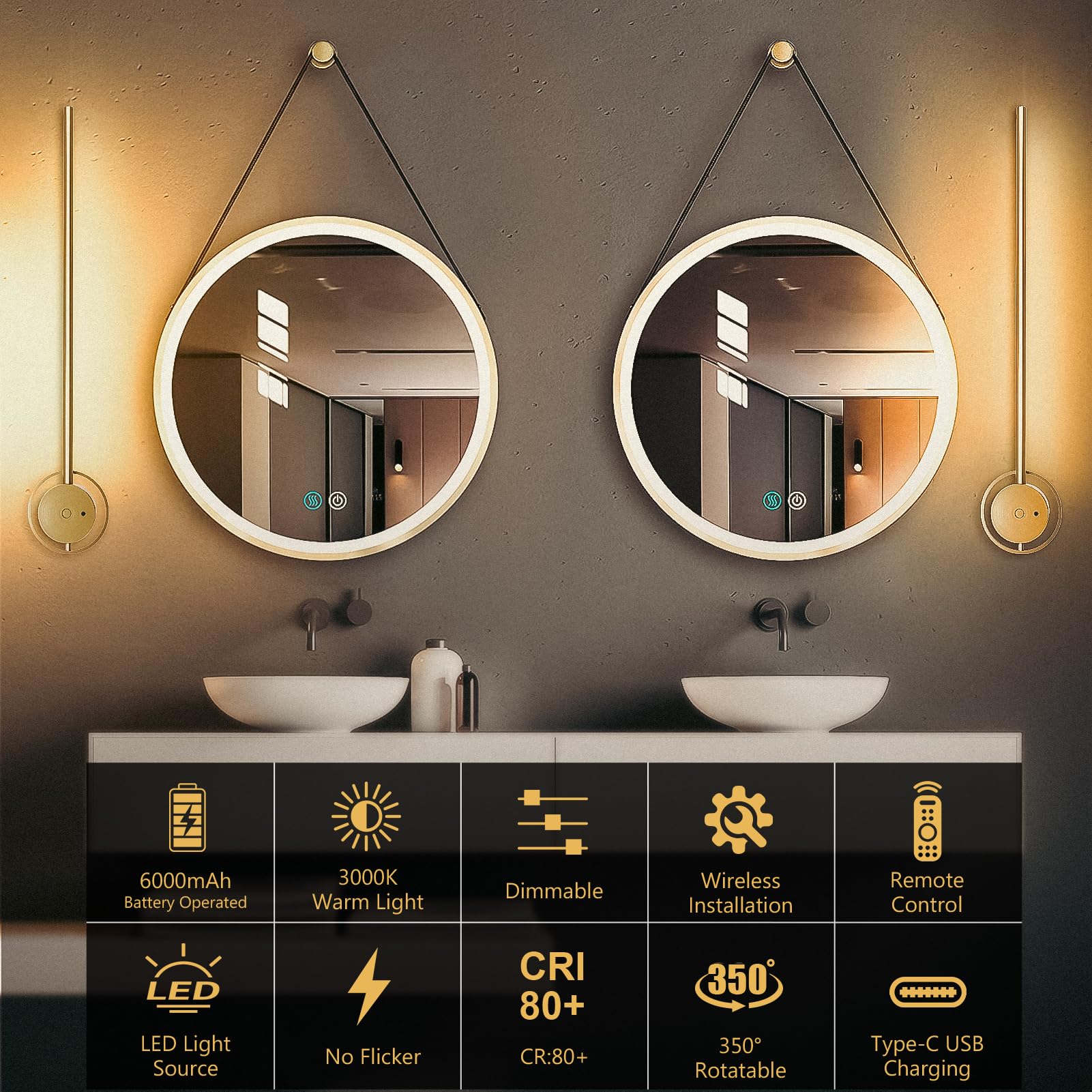 Wireless Wall Sconces Set Of Two, 23.6'' Rechargeable Art Display Light, 3 Color Temperature Dimmable With 350? Rotation Wireles