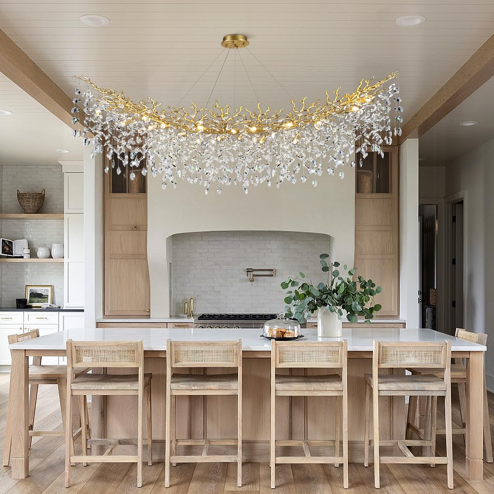 Kvtinmty Modern Crystal Gold Chandelier,72'' Large Rectangular Chandeliers For Dining Room, Tree Branch Crystal Lving Room Chand