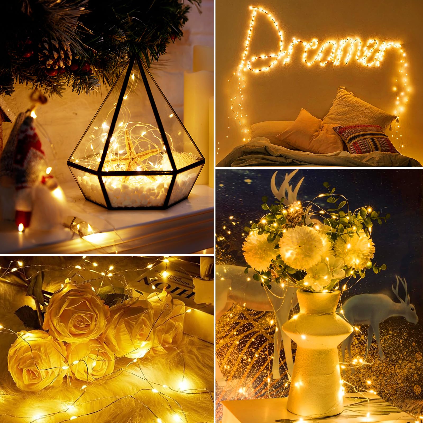 Minetom 12 Pack Fairy Lights, 20 LED Waterproof String Lights, Warm White Silver Wire, Battery Operated with Timer, 7ft for DIY Crafts