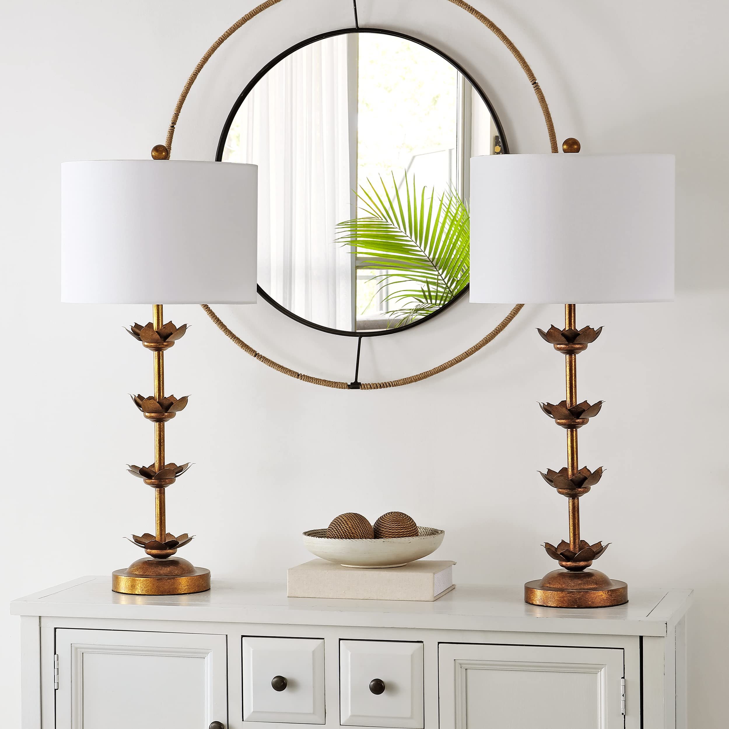 Safavieh Lani Antique Gold Leaf Table Lamp Set of 2, 32 Inch, White, Metal, LED Bulbs Included, Model TBL4016A-SET2