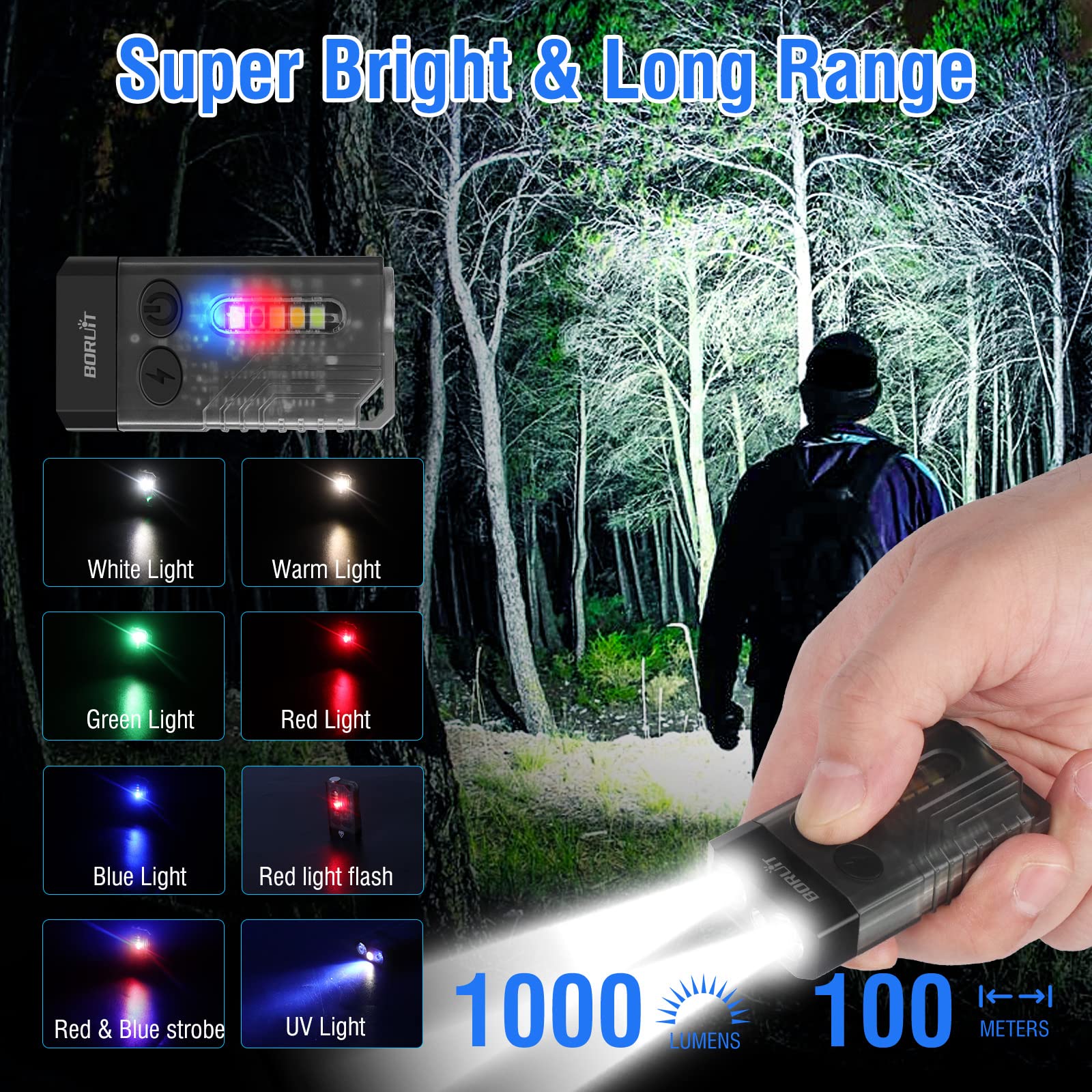 BORUIT V10 Powerful Flashlight - 1000LM, 365nm UV Light, USB C Rechargeable, Aluminum, Black, Keychain with COB Side Light