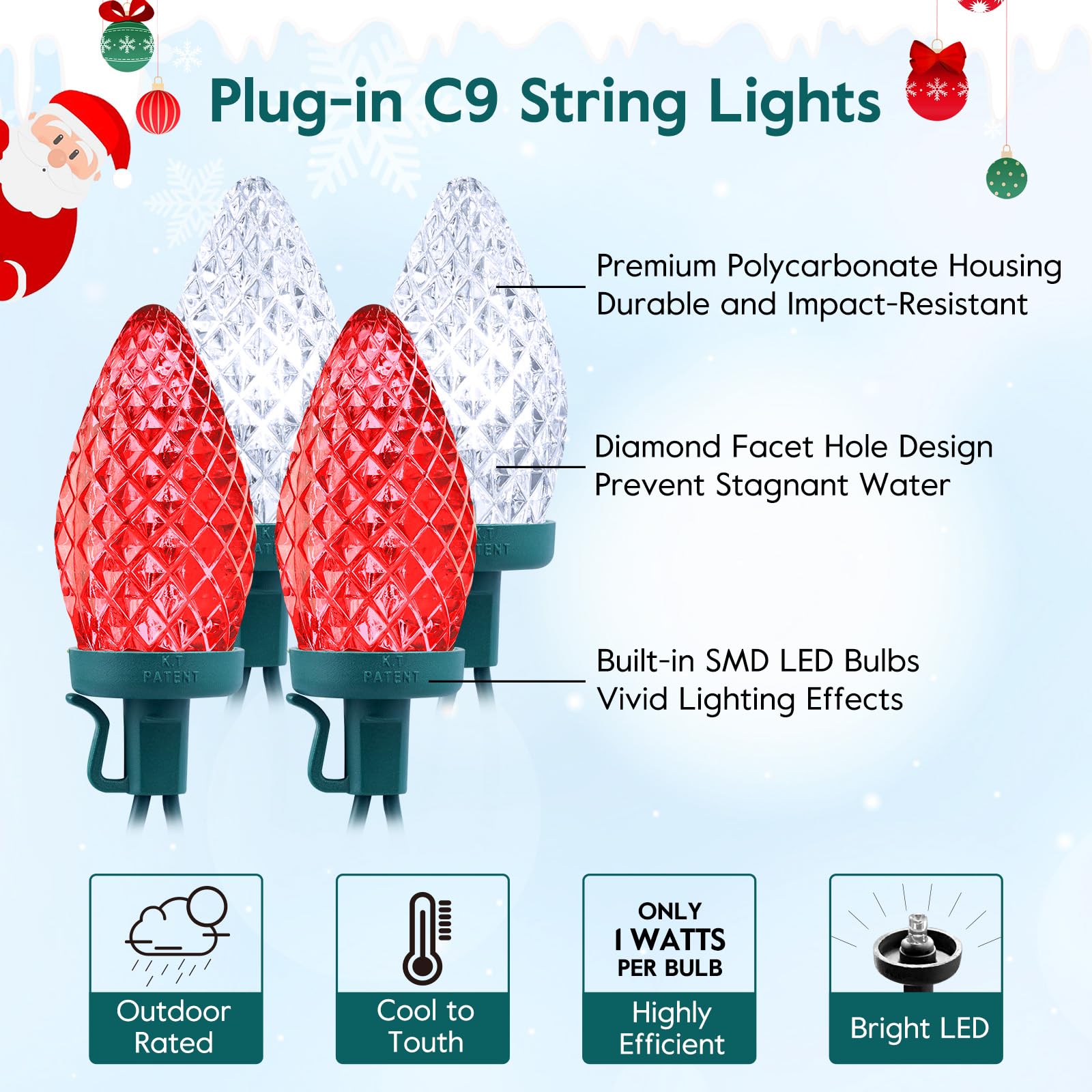 Brightown C9 Led Christmas Lights Outdoor, 66 Ft 100 Led Strawberry String Lights, Waterproof Commercial Grade Extendable For Ou