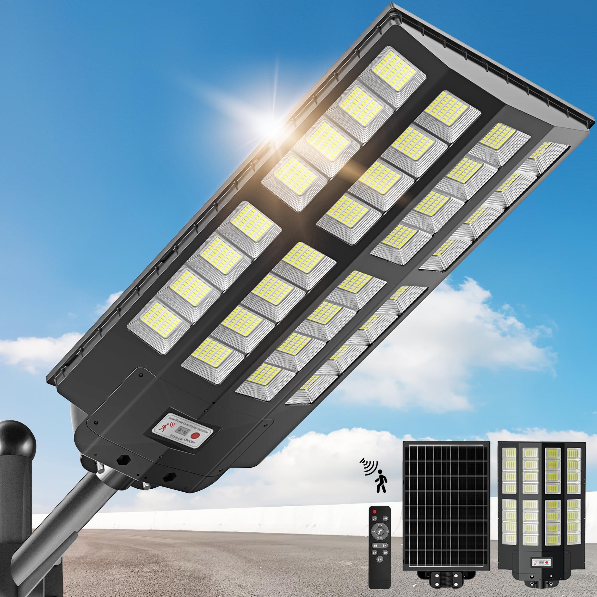 OKPRO Solar Street Lights 8000W Motion Sensor Black LED Dusk to Dawn Model O-1120TSL