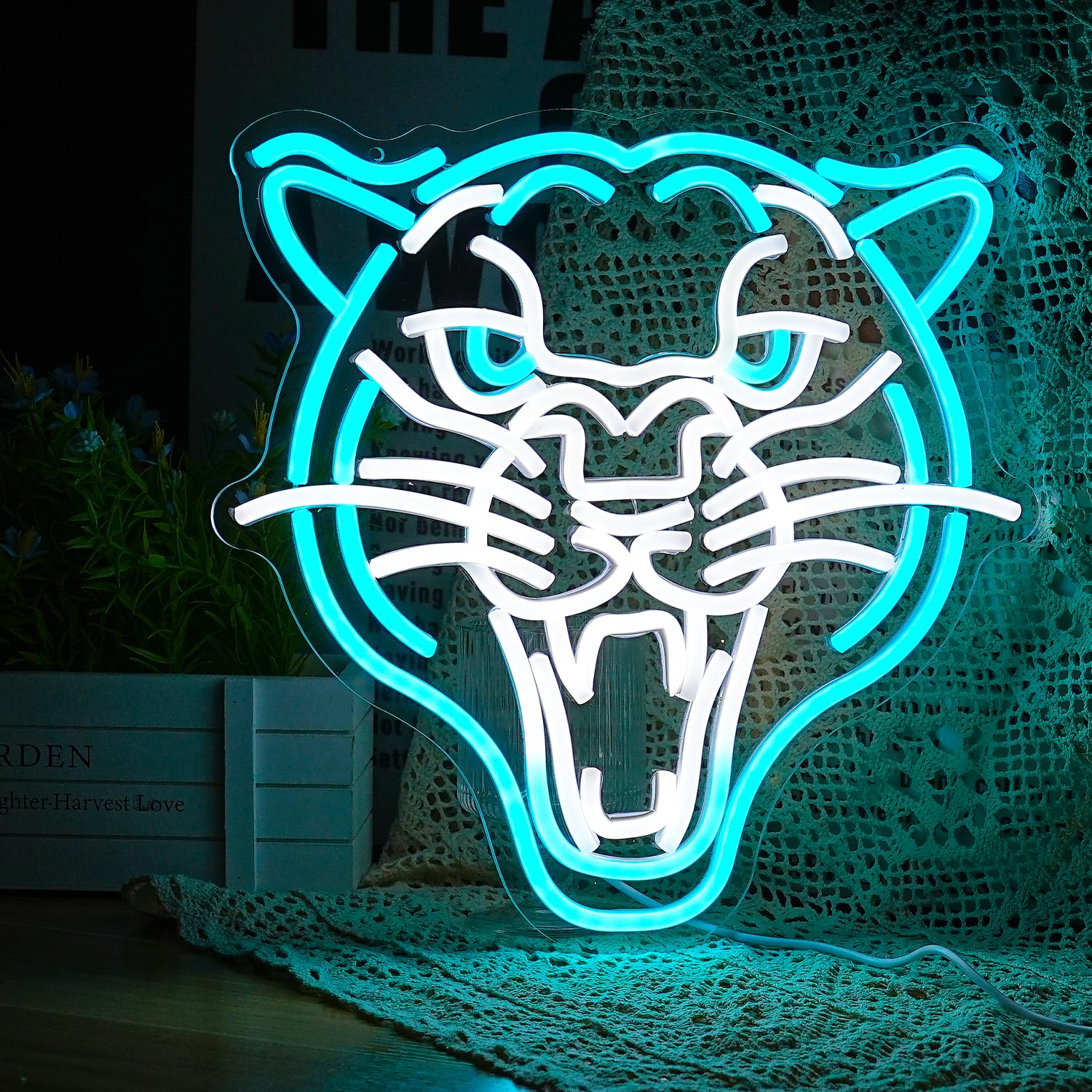 GNVETZLL Leopard Neon Sign, Dimmable LED Wall Decor, 12.8in  x 12.8in , White Ice Blue, USB Powered, Acrylic