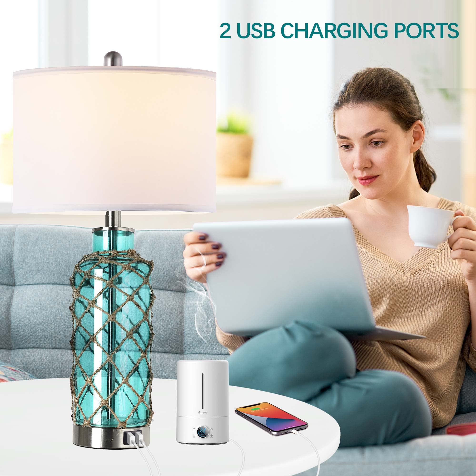 PARTPHONER Cottage Nautical Accent Table Lamp Set of 2, Touch Control, 3-Way Dimmable, Blue Green Glass, USB Ports, Model LED0977