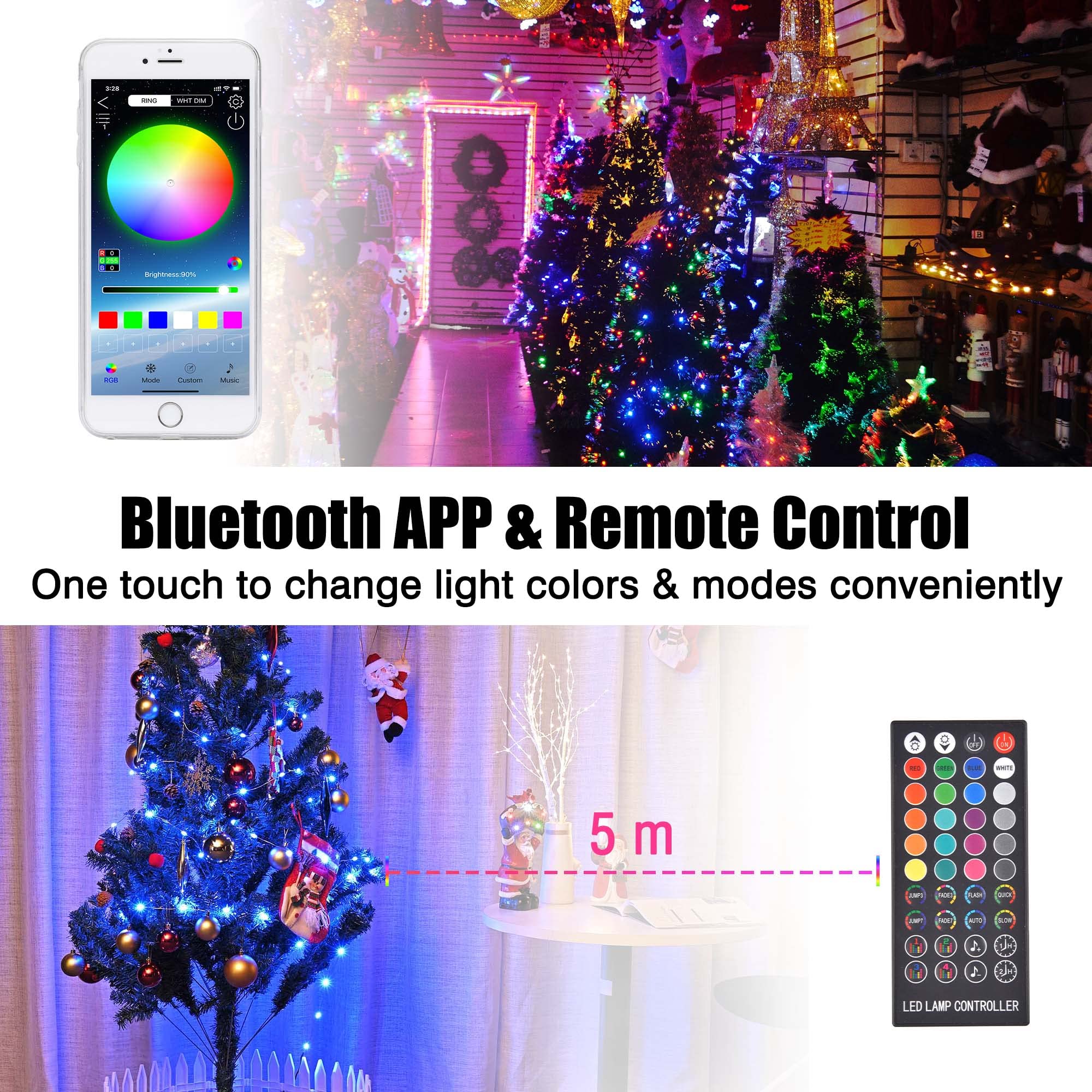 Yescom LED String Lights 33 Ft, 100 RGB Lights, 20 Colors, Remote & Bluetooth Control, 6 Modes, Multicolor