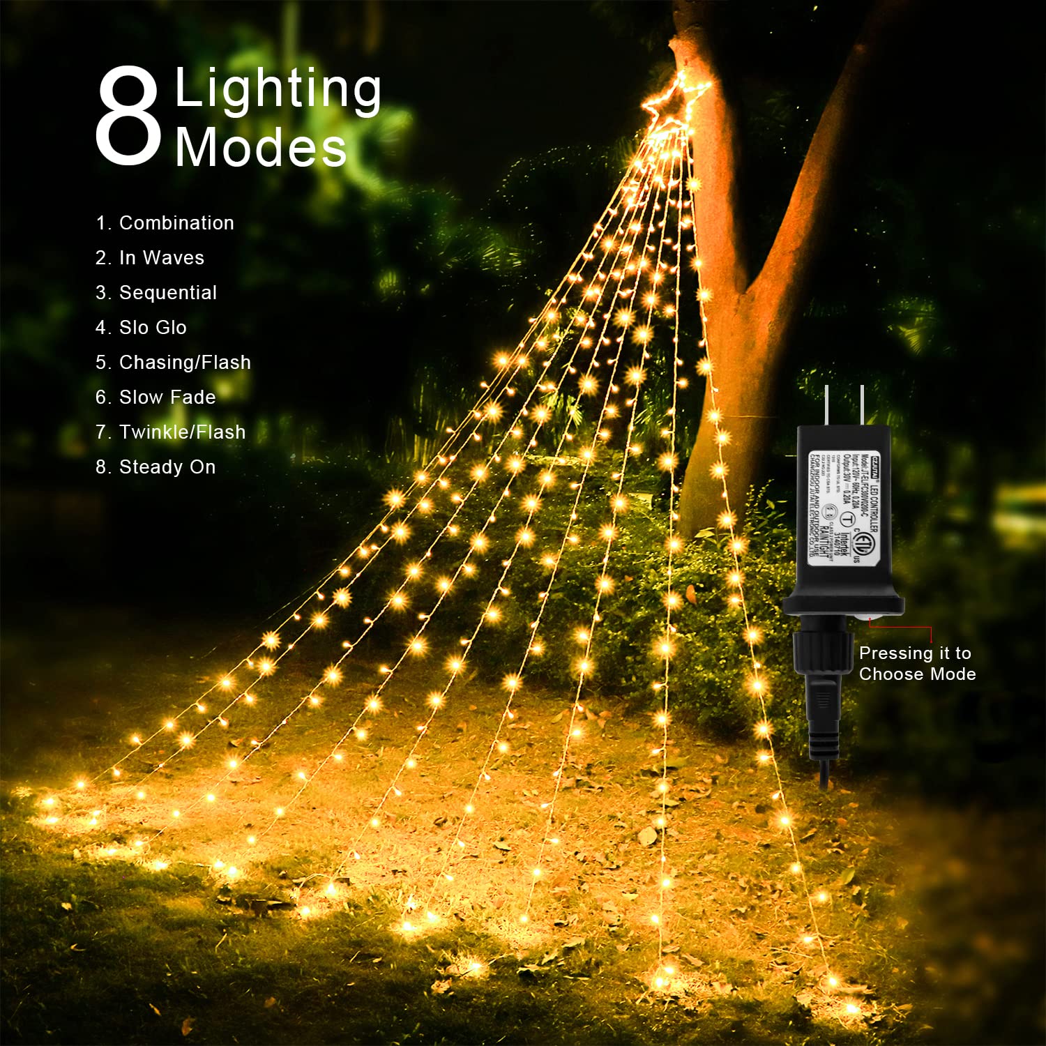 Miniao Christmas Star String Lights, 320 Led Waterfall Tree Lights With 13&quot; Topper Star 8 Lighting Modes Indoor Outdoor Halloween Decorations For Holiday, Wedding, Party (Warn White)