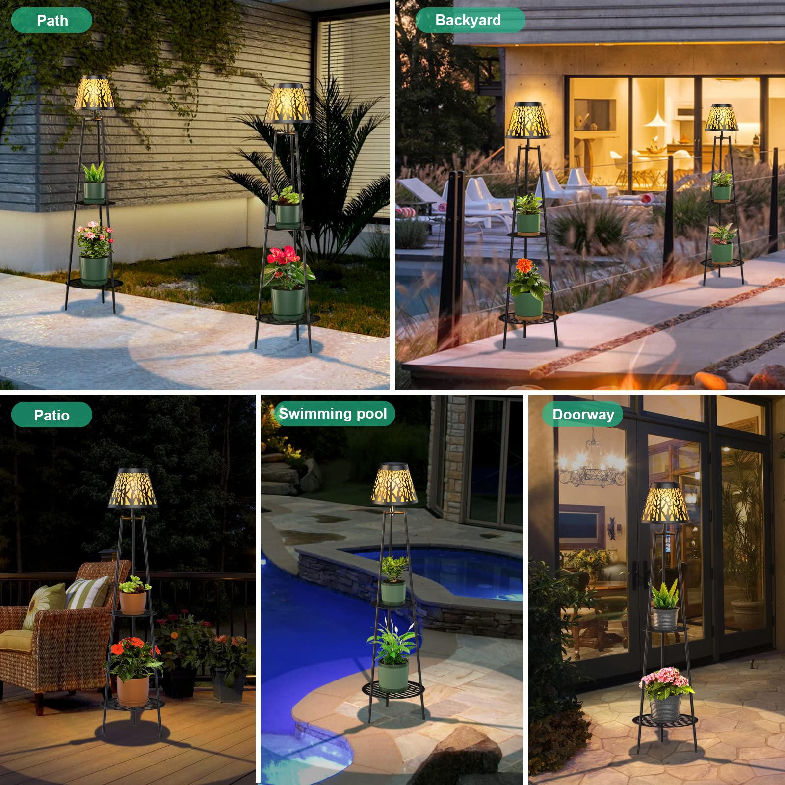 Candieslife 2 Pack Solar Garden Lights, 45.5in Metal Waterproof Floor Lamps, Black