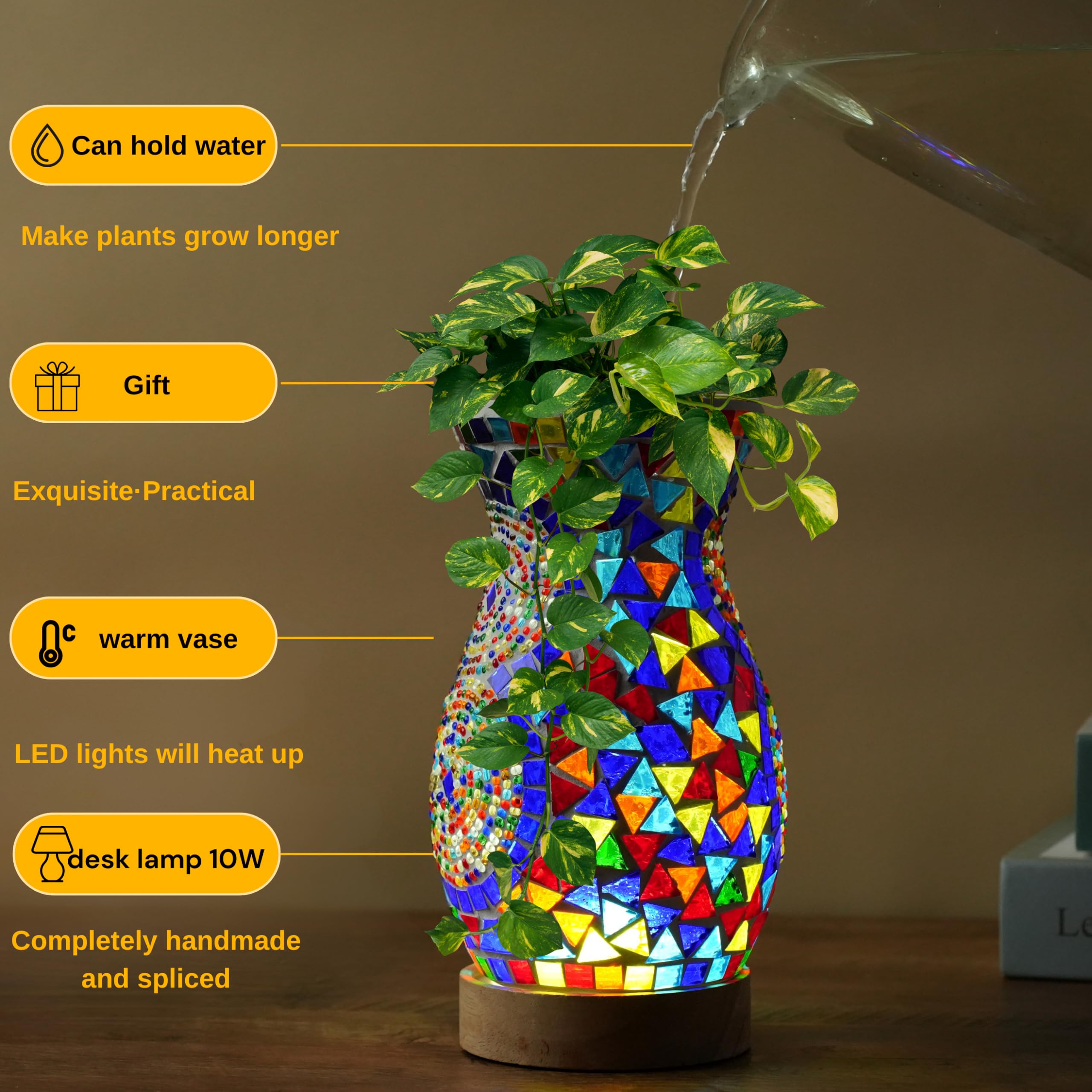 Jaitaik Mosaic Vase Lamp, Turkish Moroccan Table Lamp, Colorful Handmade Glass Vase, Water-Fillable, Vase, Decorative Lamp, Thre