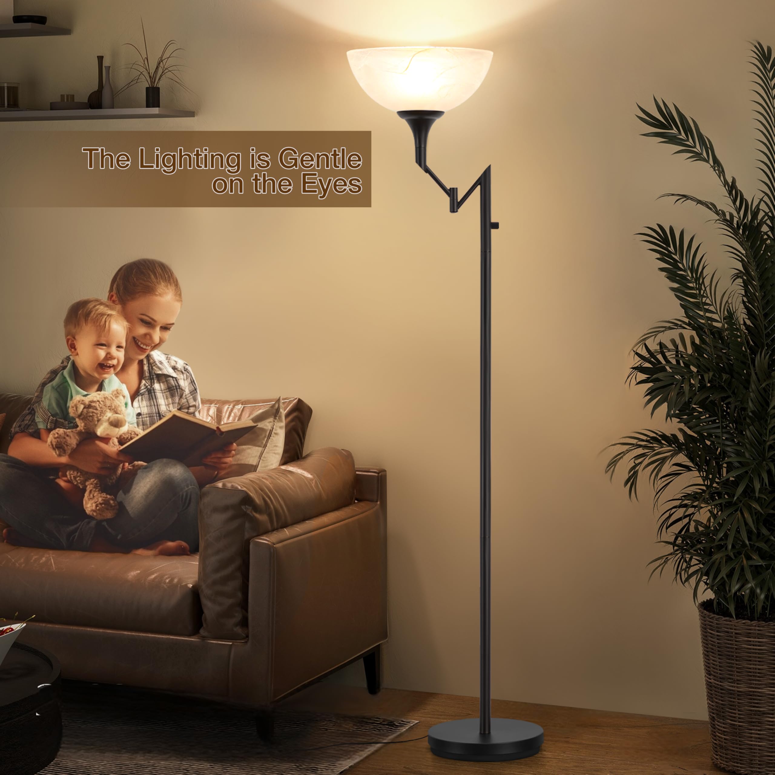 EJIAXIN 70" Black Torchiere Floor Lamp with Glass Shade & Adjustable Swing Arm, Model 8002 - Ideal for Living Room & Office