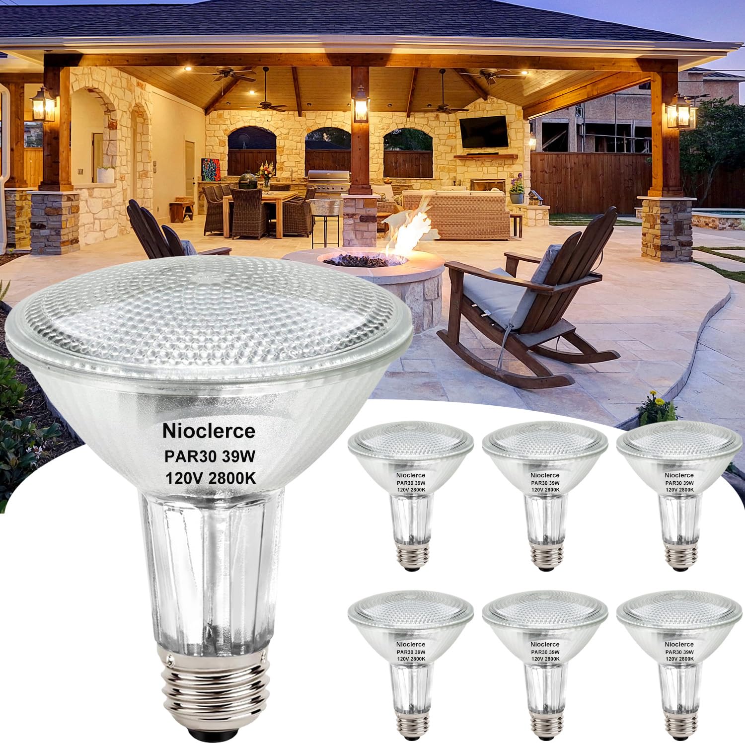 Nioclerce Halogen Par30 Long Neck 39W 120V 400Lm, 6 Pack High Output Halogen Par30 Dimmable 2800K Warm White, E26 Long Lifespan 