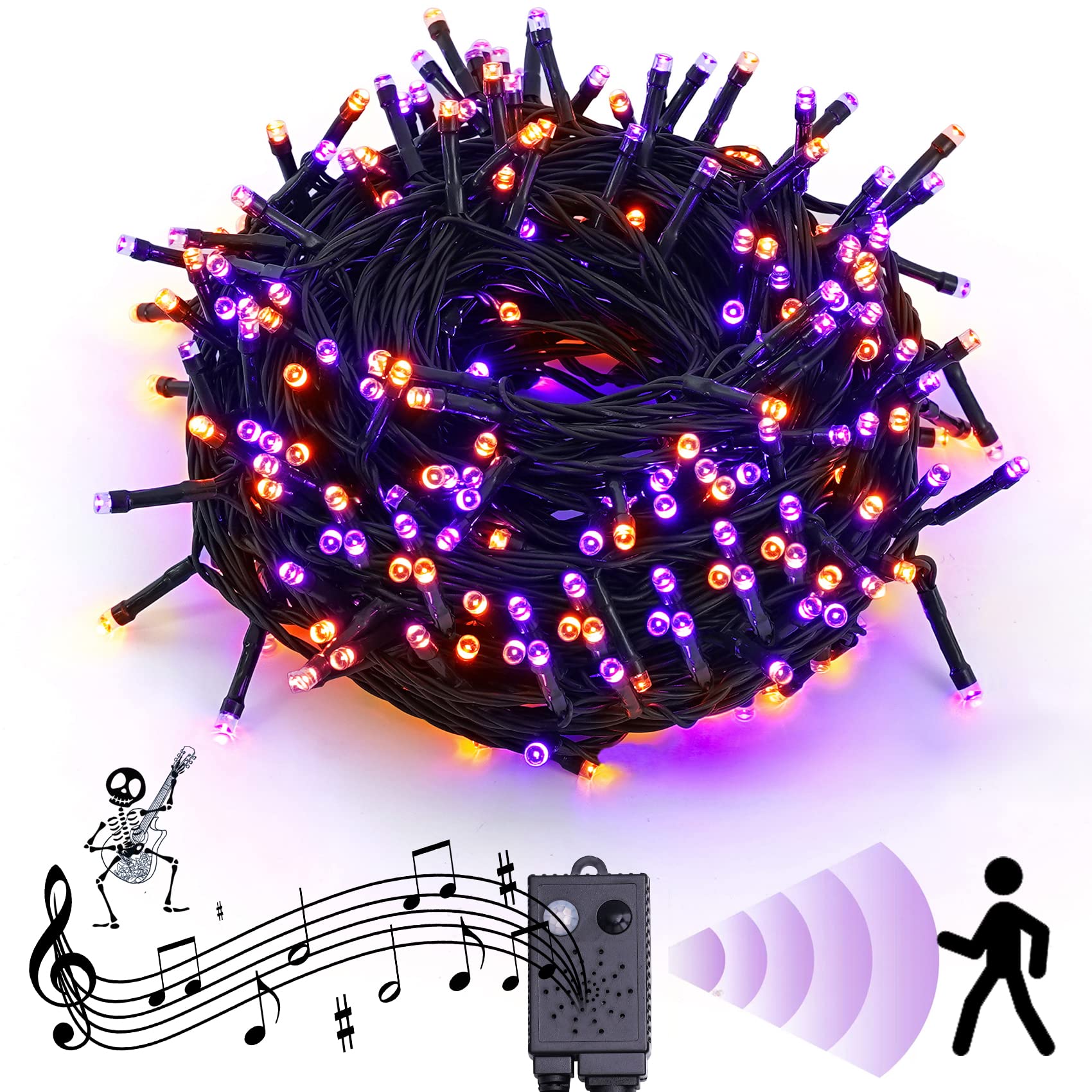 Rotu Halloween String Lights Outdoor With Music Sync Spooky Sounds 300 Led 114.8 Ft Indoor Fairy String Lights Waterproof For Halloween Party Haunted House Decorations (Purple & Orange)
