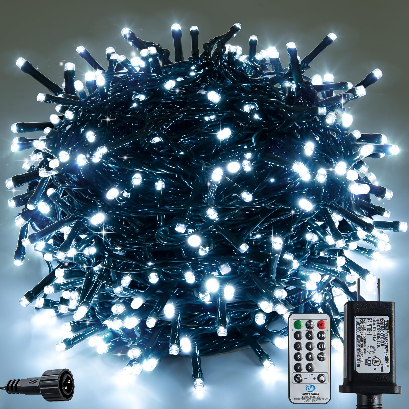 Clownya Christmas Lights 100ft 300 LEDs, 8 Modes, Cool White, Indoor Outdoor Plug-in Fairy Lights for Christmas Tree, Bedroom, C