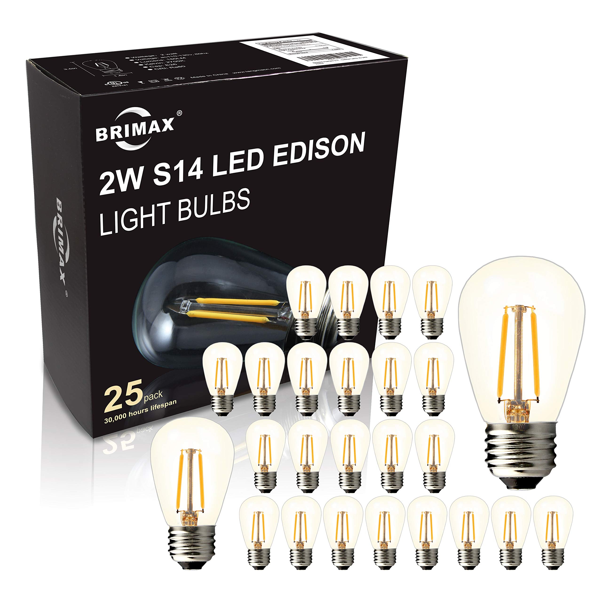 Brimax 25 Pack S14 Replacement Led Bulbs,2W Outdoor String Light Bulbs Shatterproof,E26 Medium Base,2700K Warm White,Plastic Edi