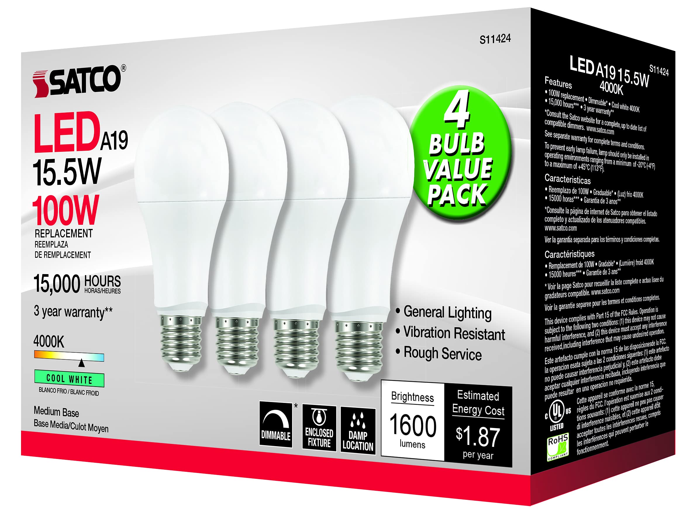Satco 4.57 Inch 15.5W A19 Led Medium Base Replacement Lamp (Pack Of 4)-4000 Color Temperature-Frosted Finish