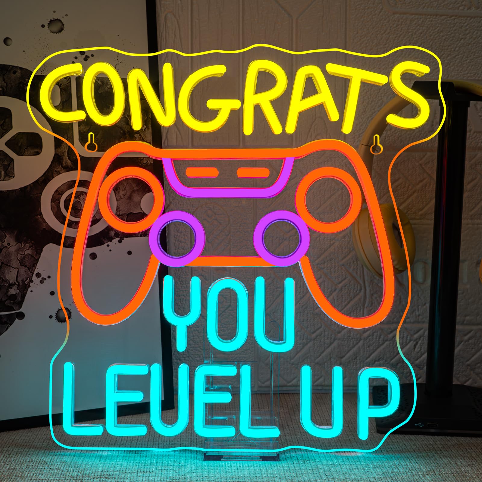 Gaming Neon Signs Congrats You Level Up Neon Sign Console Led Lights For Wall Decor Game Room Man Cave Decor Video Party Great Gift For Game Lovers