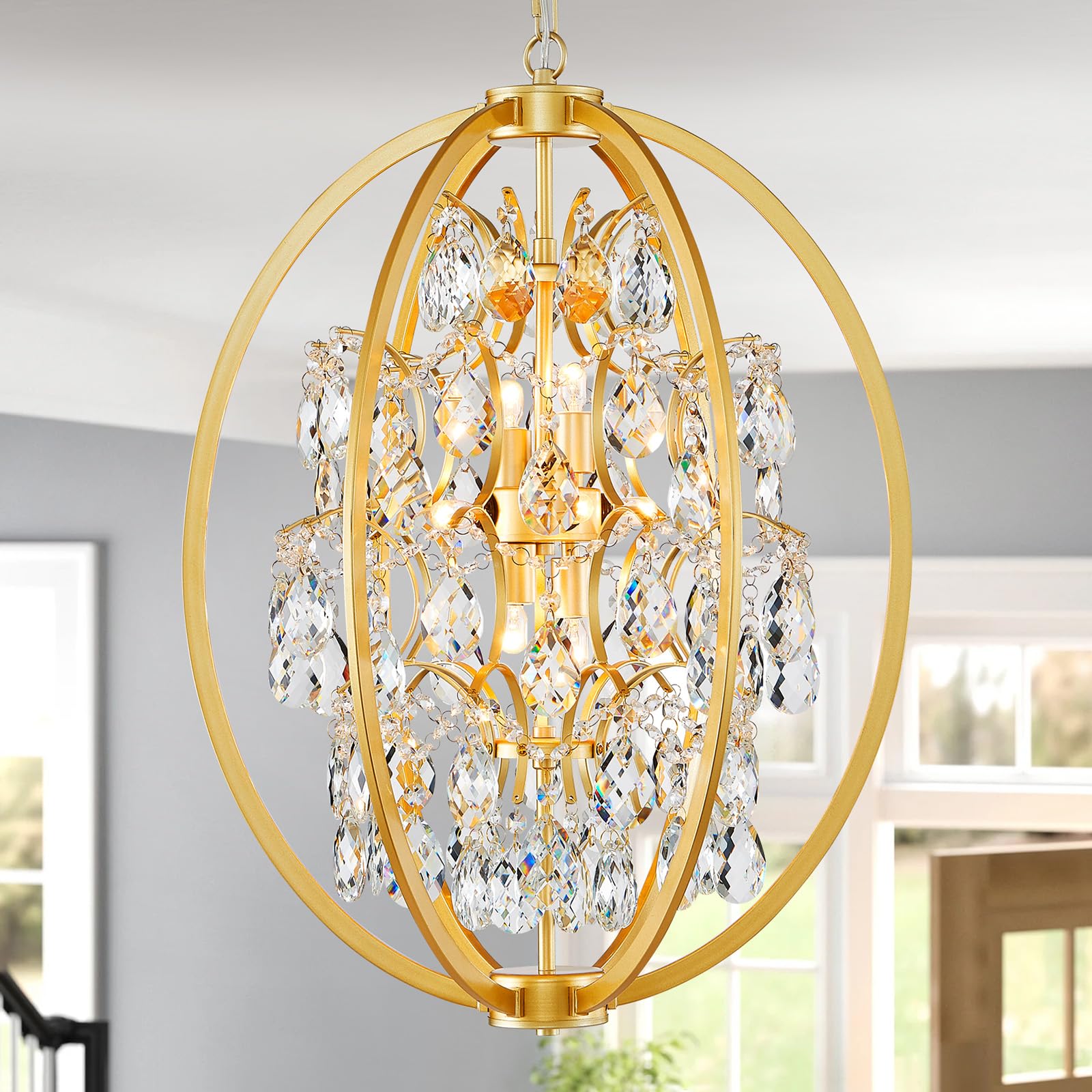 WUZUPS Globe Crystal Chandelier, 8-Light Pendant Light, 23.6in H x 19.7in W, Gold, Model USHD30508-8-G, Metal