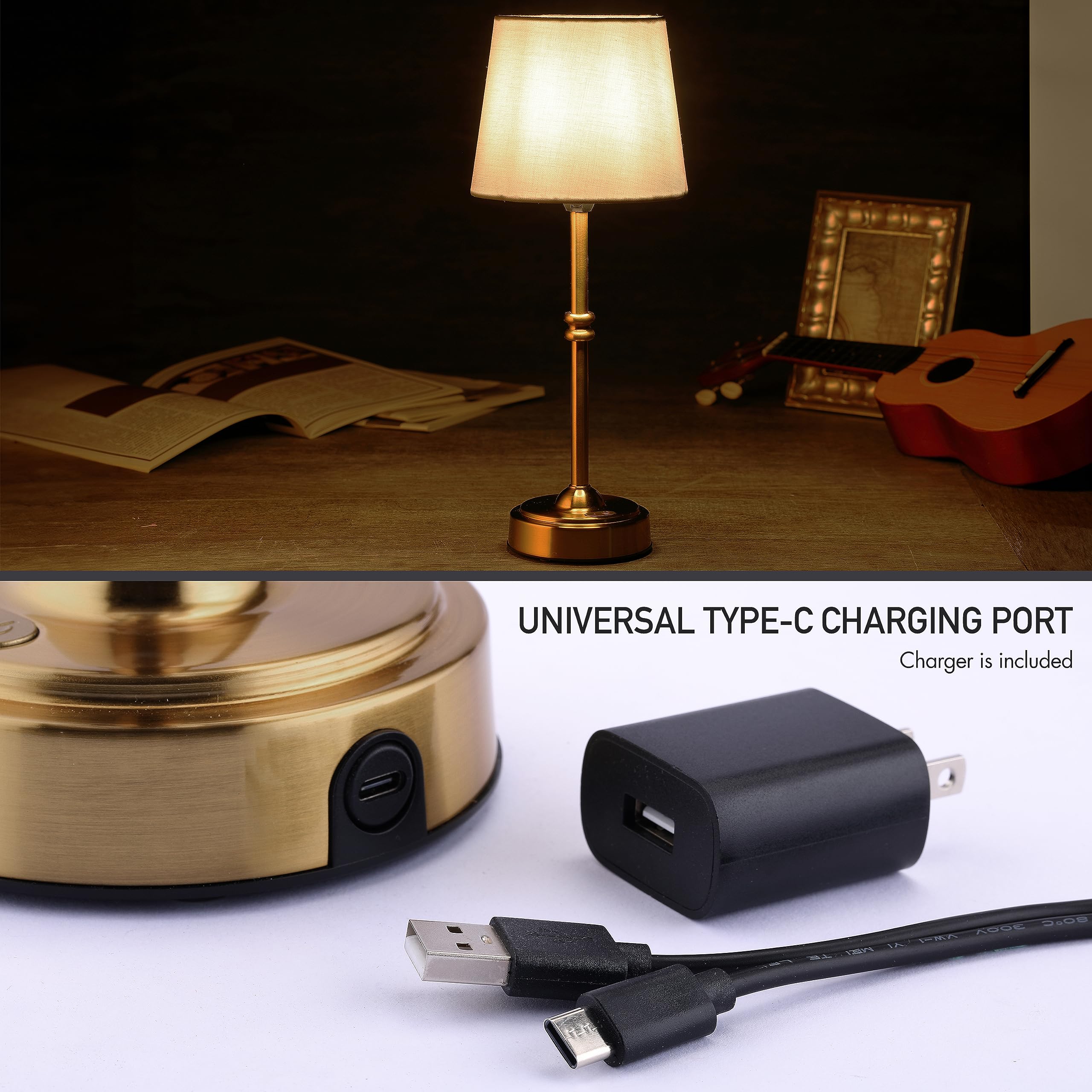 O'Bright Cordless LED Table Lamp - Dimmer, 3-Level Brightness, Antique Brass, Rechargeable, Model OB-TL19B