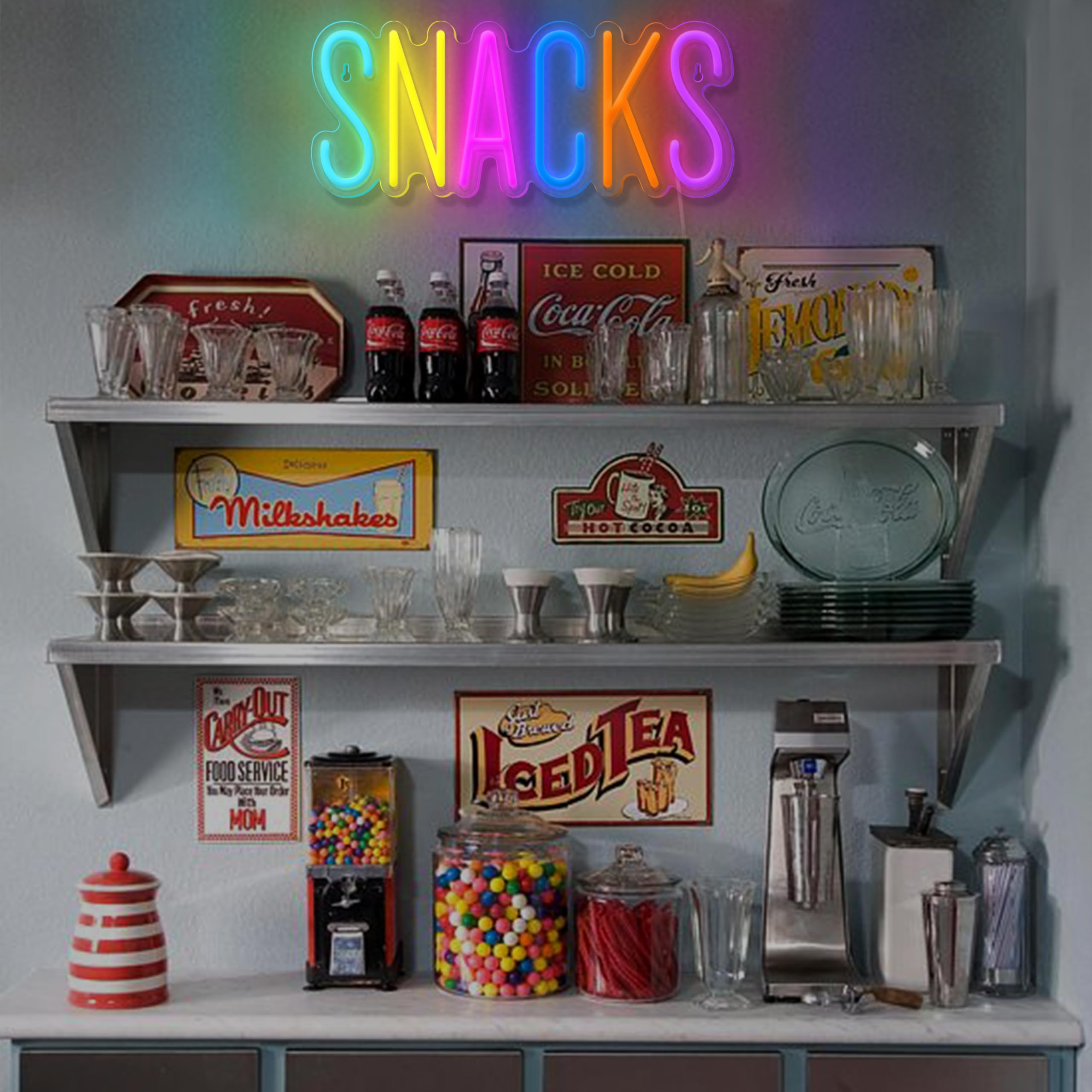 JIARODEY Snacks Neon Sign, Dimmable USB Powered, Acrylic Wall Decor, 14x6 Inch, Colorful, Snack Bar Art