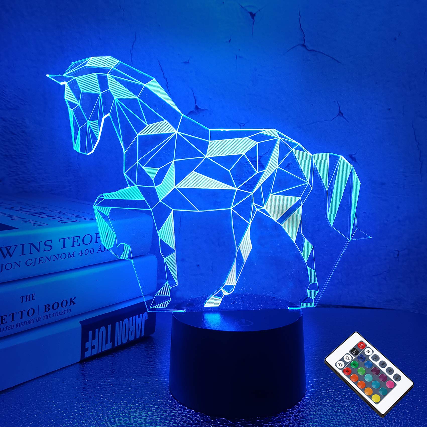Fullosun 3D Horse Night Light For Kids, 16 Colors, Remote Control, Blue Bedside Lamp