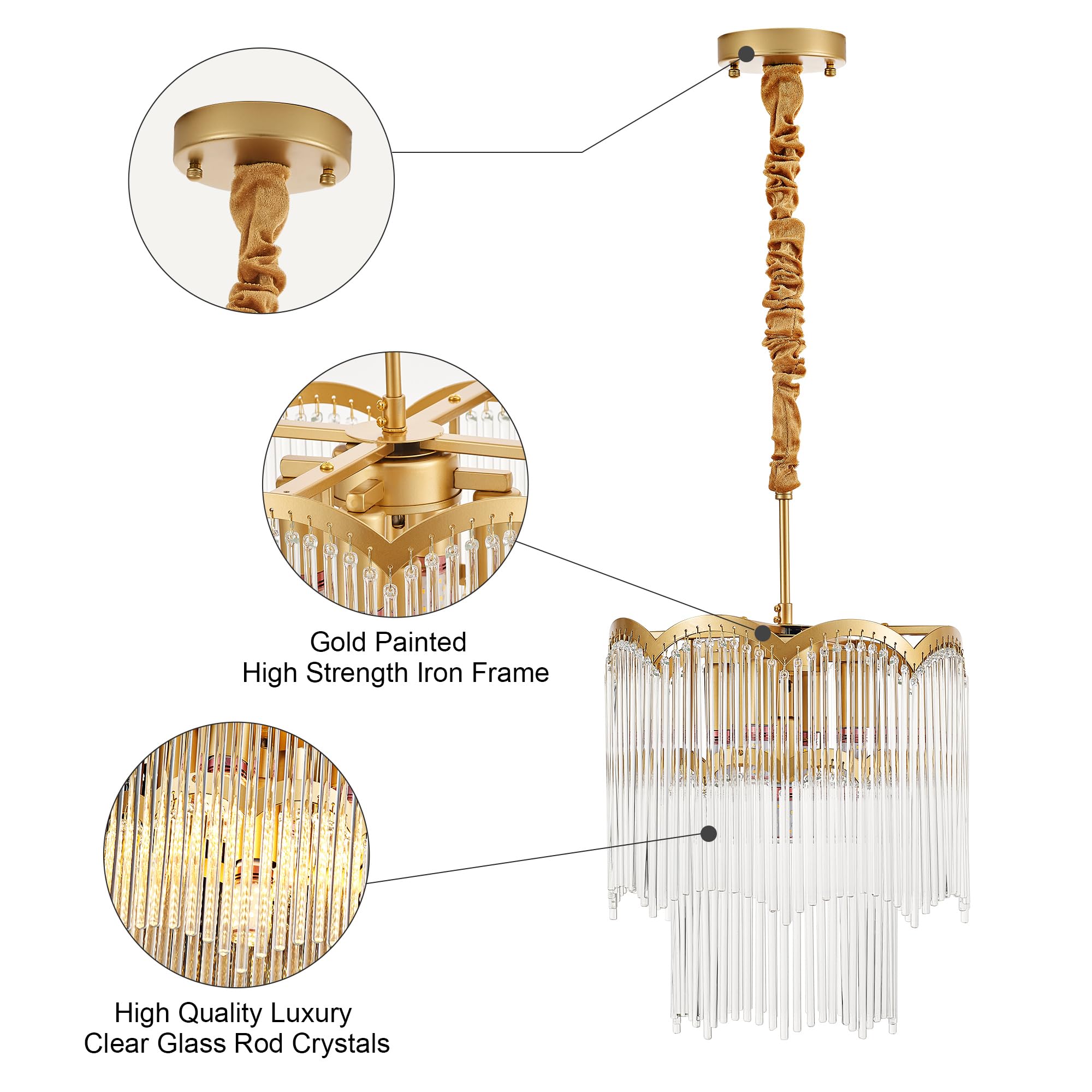 Faibra 12.52'' Gold Clear Glass Crystal Pendant Light 5-Light Modern Crystal Pendant Ceiling Light Fixture 2-Tier Luxury Glass C