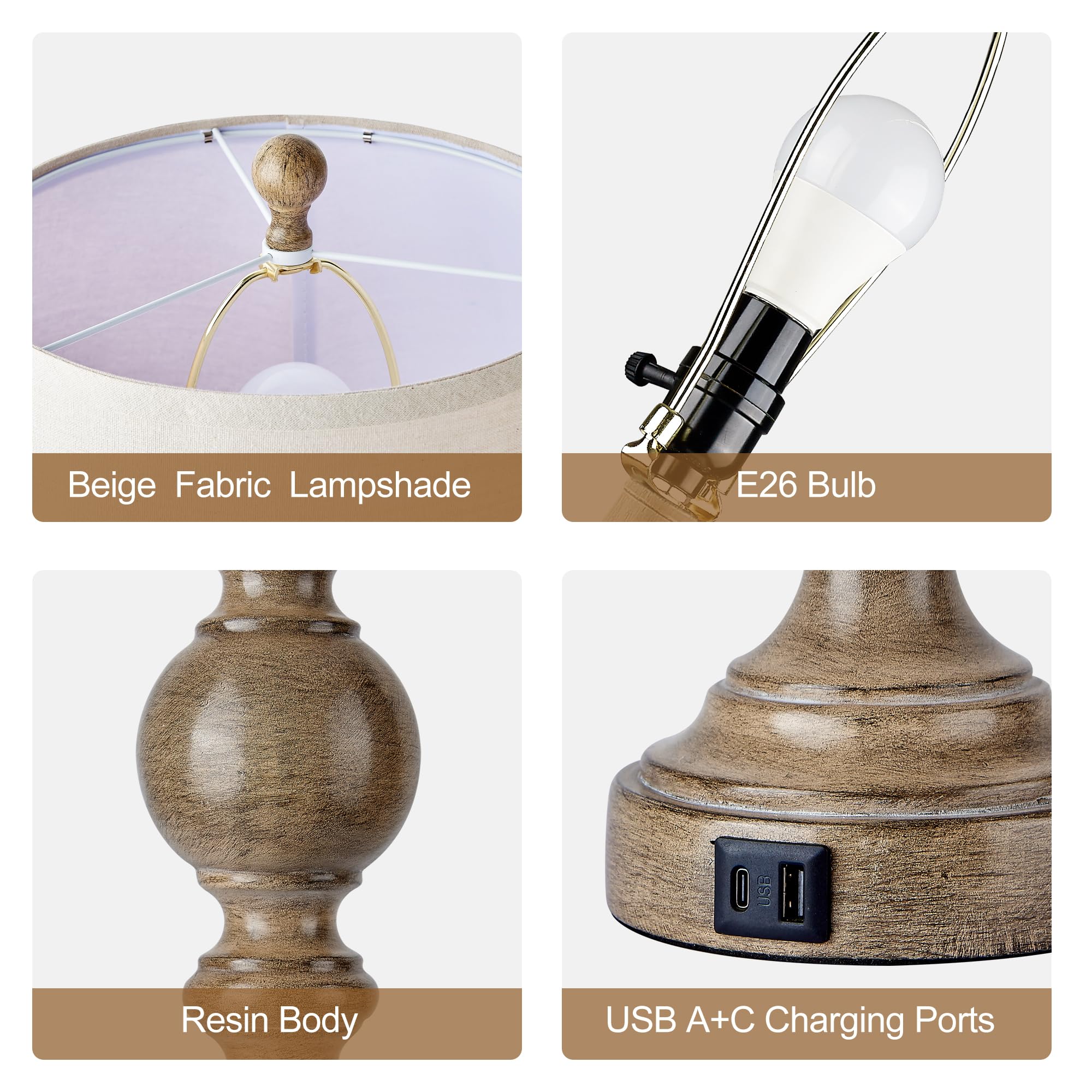 Srjjrs Farmhouse Table Lamps For Living Room Set Of 2, Rustic Table Lamp With Usb Ports, 28'' Tall Table Lamps For Bedroom Night