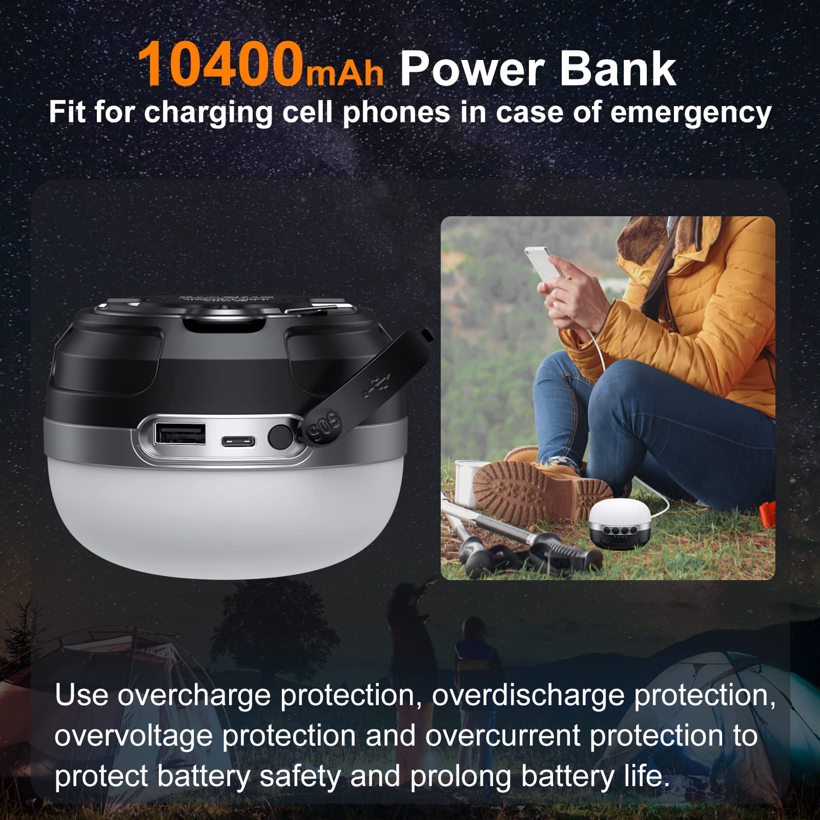ZMNT LED Camping Lantern 1400LM Rechargeable 10400mAh Black XC10, RGB Light for Emergencies, Hiking, Home, Up to 72H Runtime