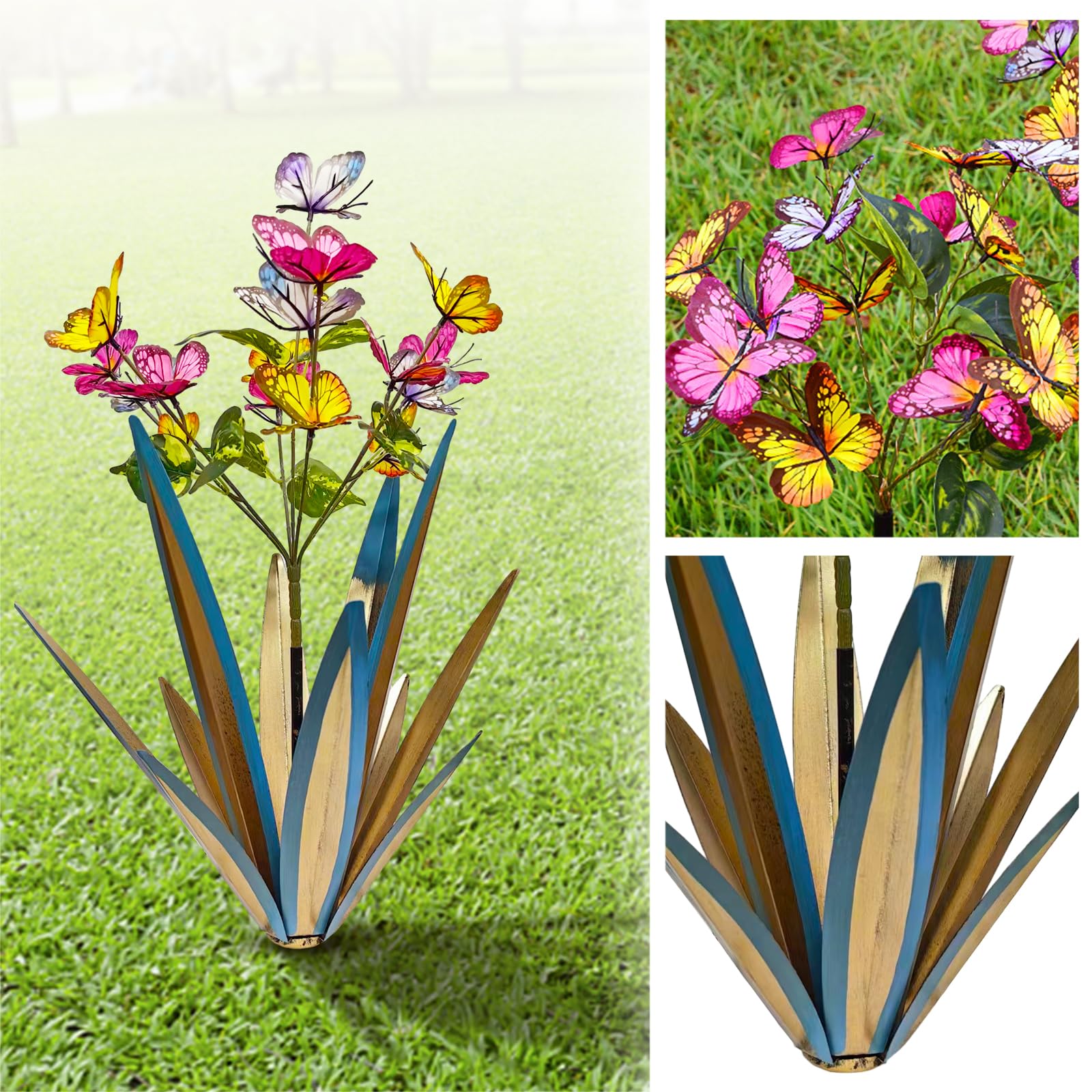 Garden Outdoor Butterfly Enlarge Thickened Wind Resistant Metal Agave Garden Art Metal Plant Country Garden Sculpture Statue Decorations Ornaments Artificial Waterproof Butterflies (Blue 3Pcs)