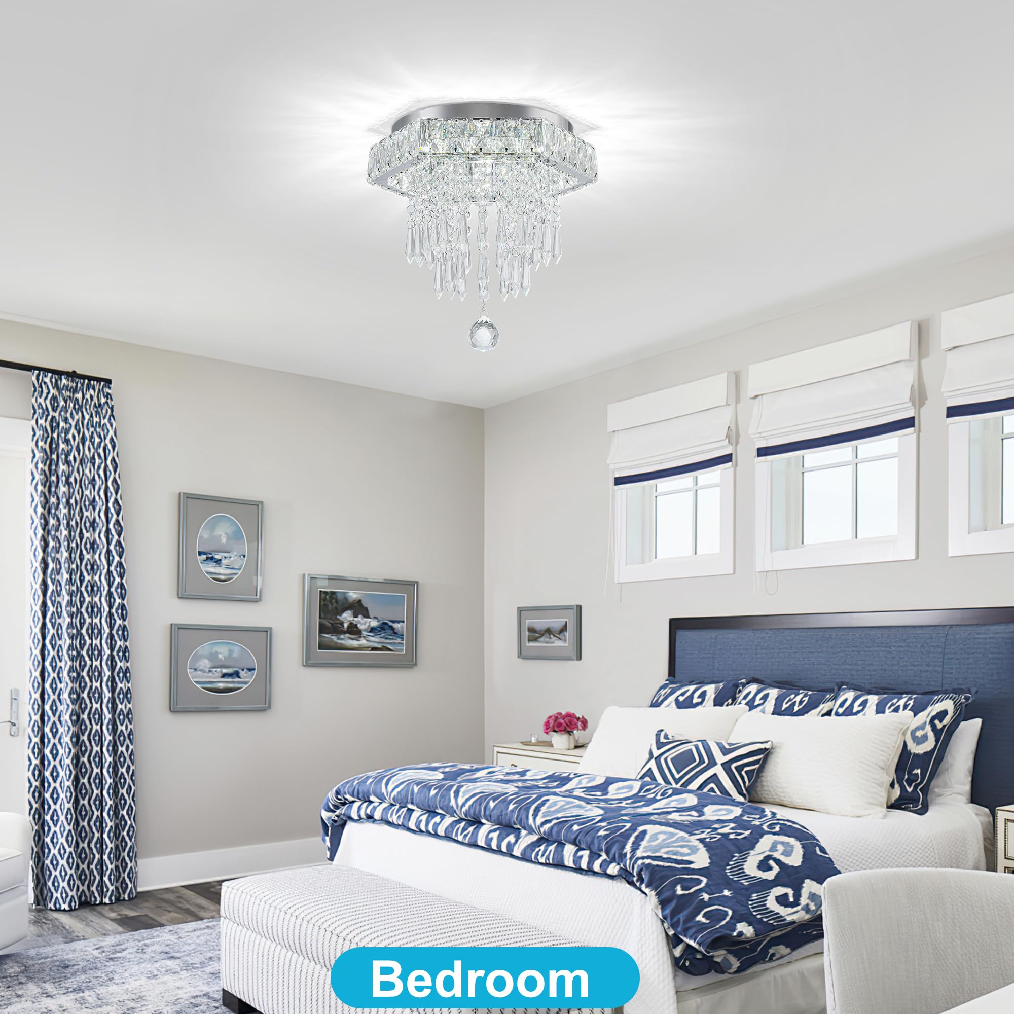 HomLaiting Crystal Semi Flush Mount Ceiling Light Fixture 11.8in Hexagon 6500K Chandelier for Bedroom and Dining Room
