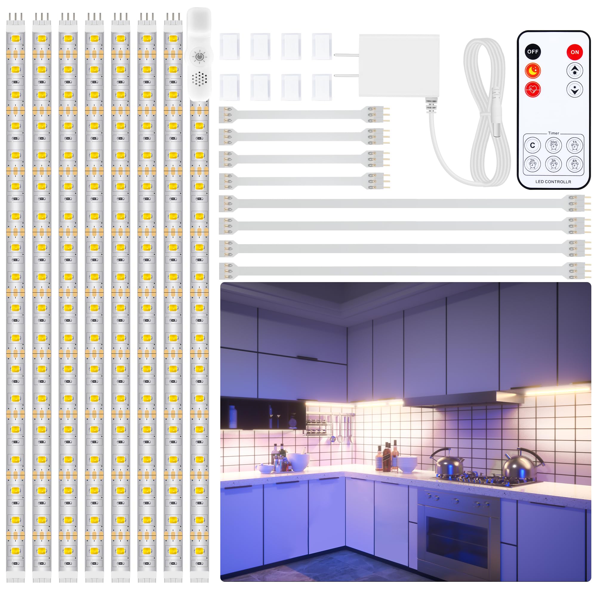 Lafulit 8 Pcs Under Cabinet Lighting Kit, Bright Under Cabinet Lights, Flexible Led Strip Lights With Rf Remote And Power Adapte