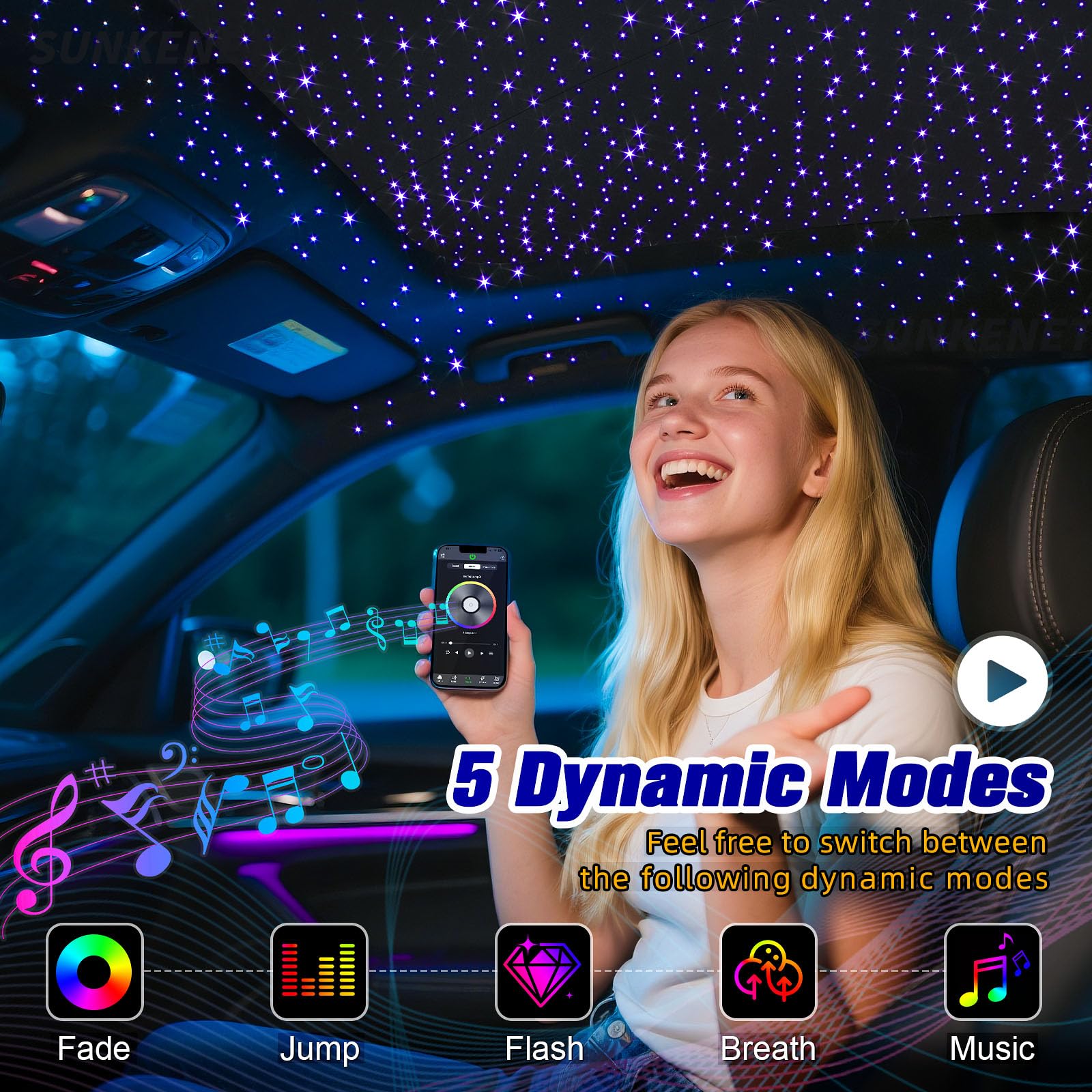 SUNKENET Meteor Twinkle Starlight Kit, 6W Fiber Optic Lights, Bluetooth/App Control, Model QJ-L006, 650pcs, 9.8ft, Aluminum