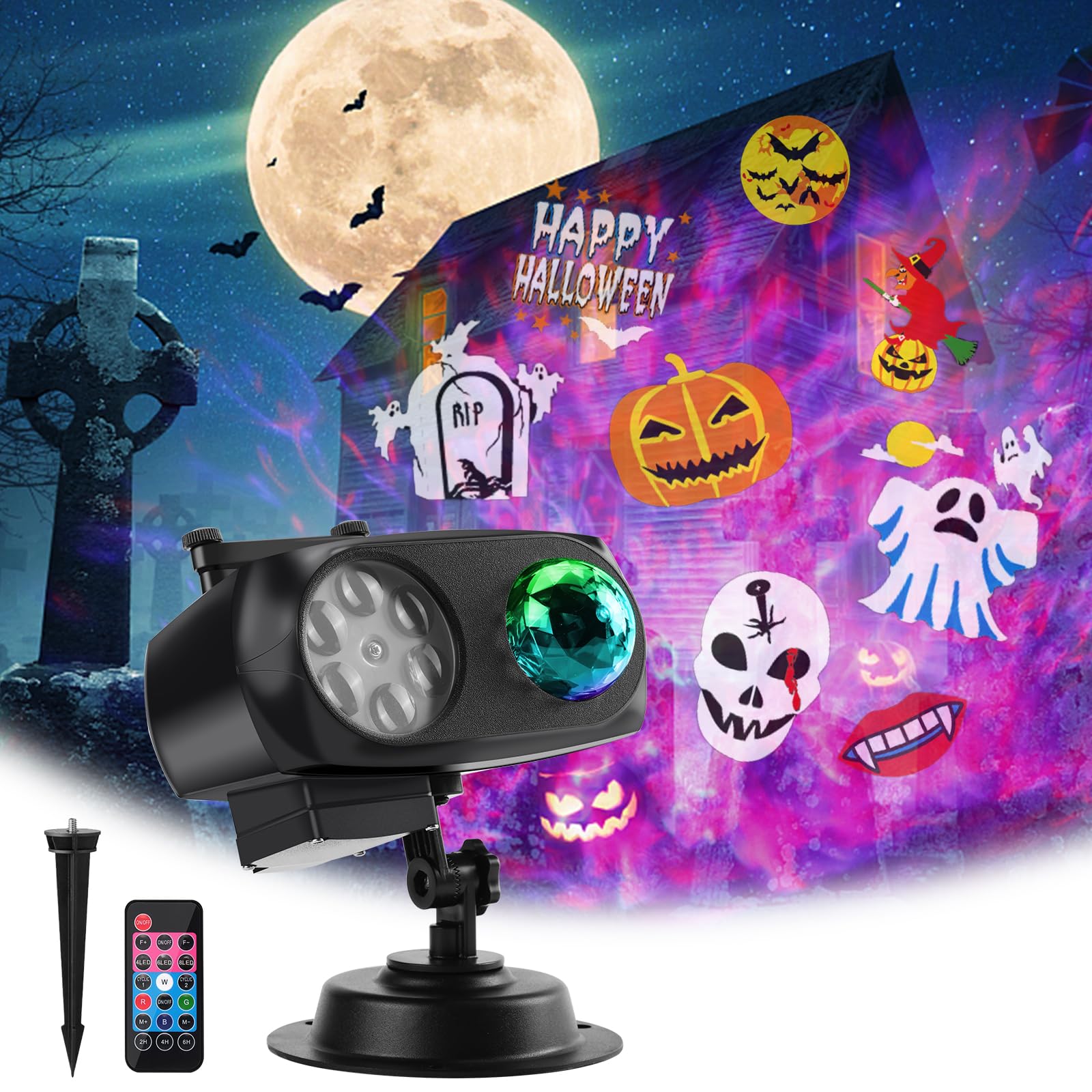 Halloween Christmas Projector Lights Outdoor, 14 Hd Slides (3D Ocean Wave +Patterns) Landscape Lights Waterproof Outdoor Indoor Holiday Projector Lights For Home Yard Garden Xmas Halloween Decorations