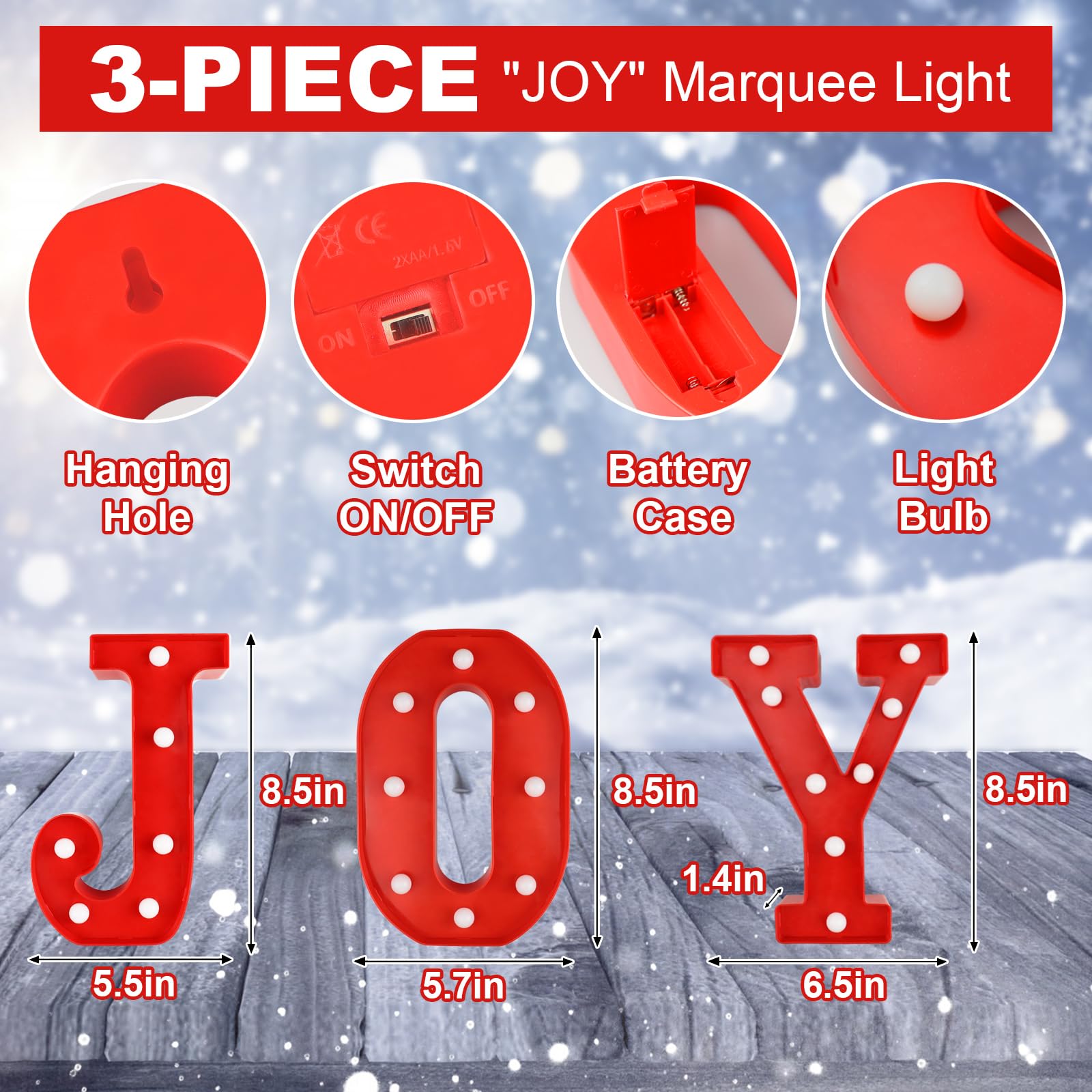 CESOF Marquee LED Letter Lights - Christmas Decorations, Red, Battery Powered, 3 Pcs, for Home, Bedroom, Mantle, Fireplace, Wall Decor