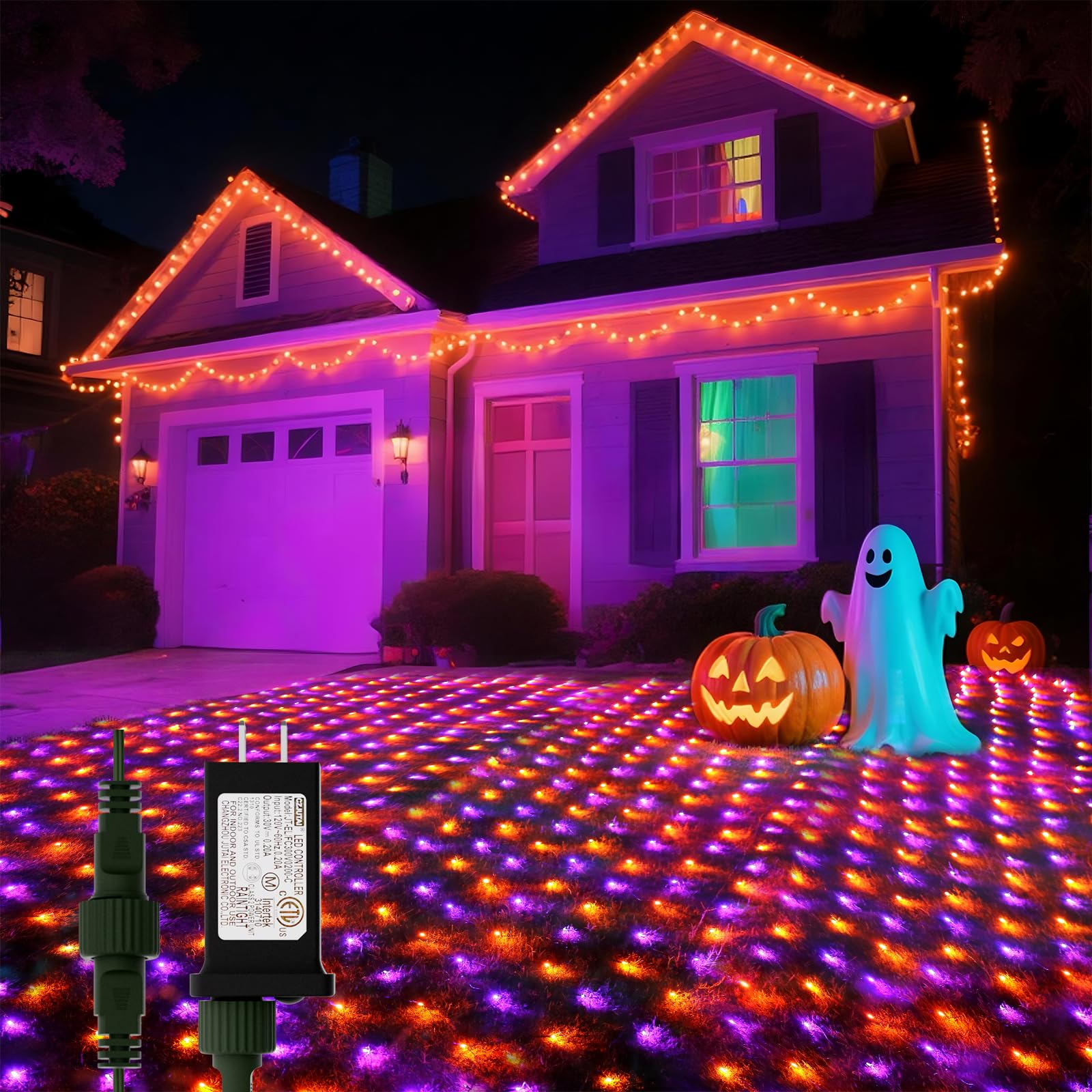 Lithome 14.8Ft X 5Ft Halloween Net Lights  300 Led Purple Orange Bush Lights With 8 Modes  Connectable Waterproof Net Mesh Light Dark Green Wire For Bushes Shrubs Trees Outdoor Holiday Decor