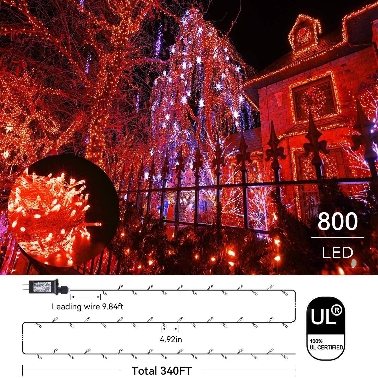 Zhouduidui Orange Halloween Lights  800Led 330Ft Orange String Lights 8 Modes Timer Plug In Waterproof Indoor Outdoor Orange Christmas Lights For Halloween Christmas Garden Party Decoration