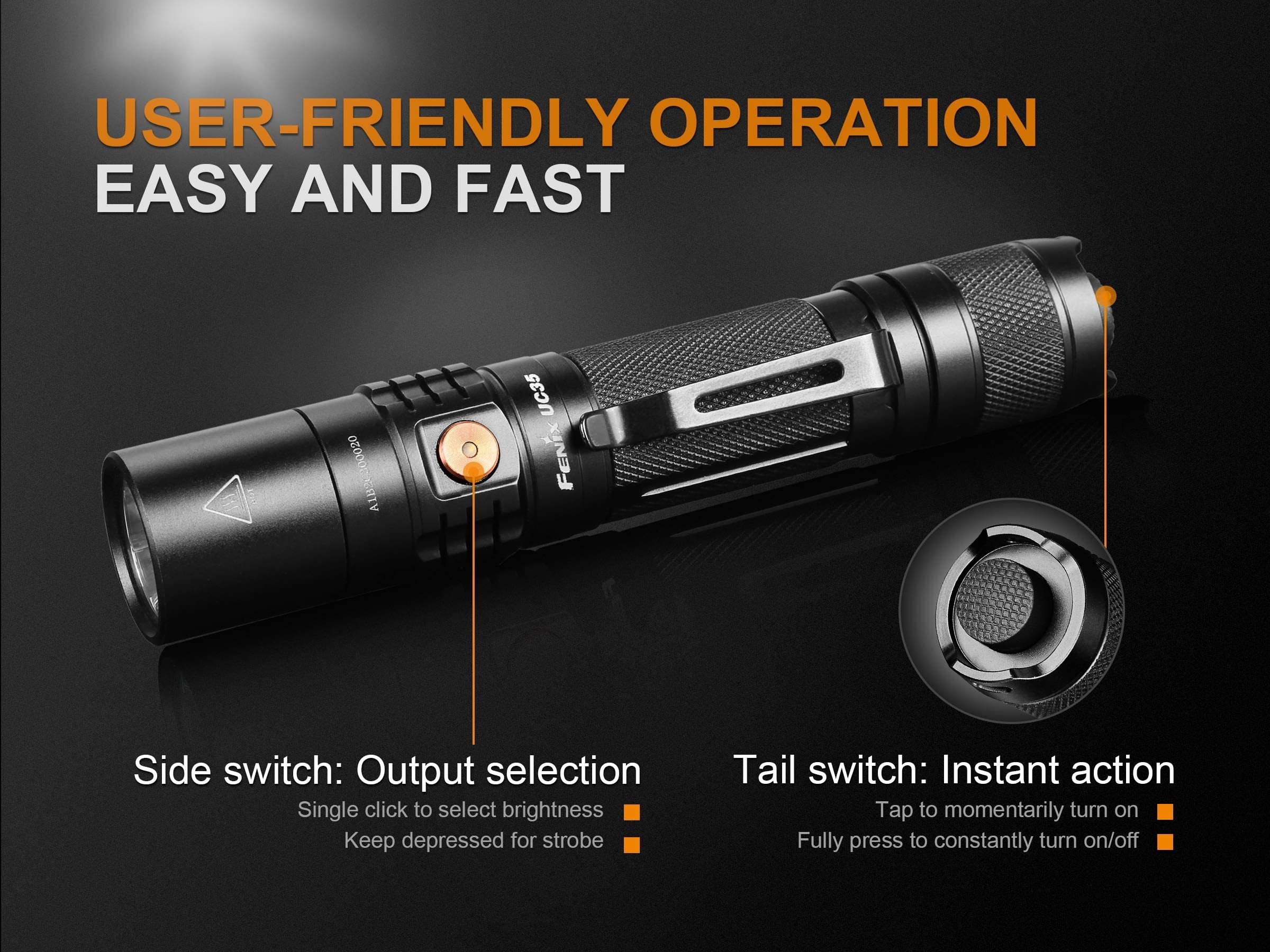 Fenix UC35 V2.0 Rechargeable Flashlight, Aluminum, Black, Model UC35V2BK