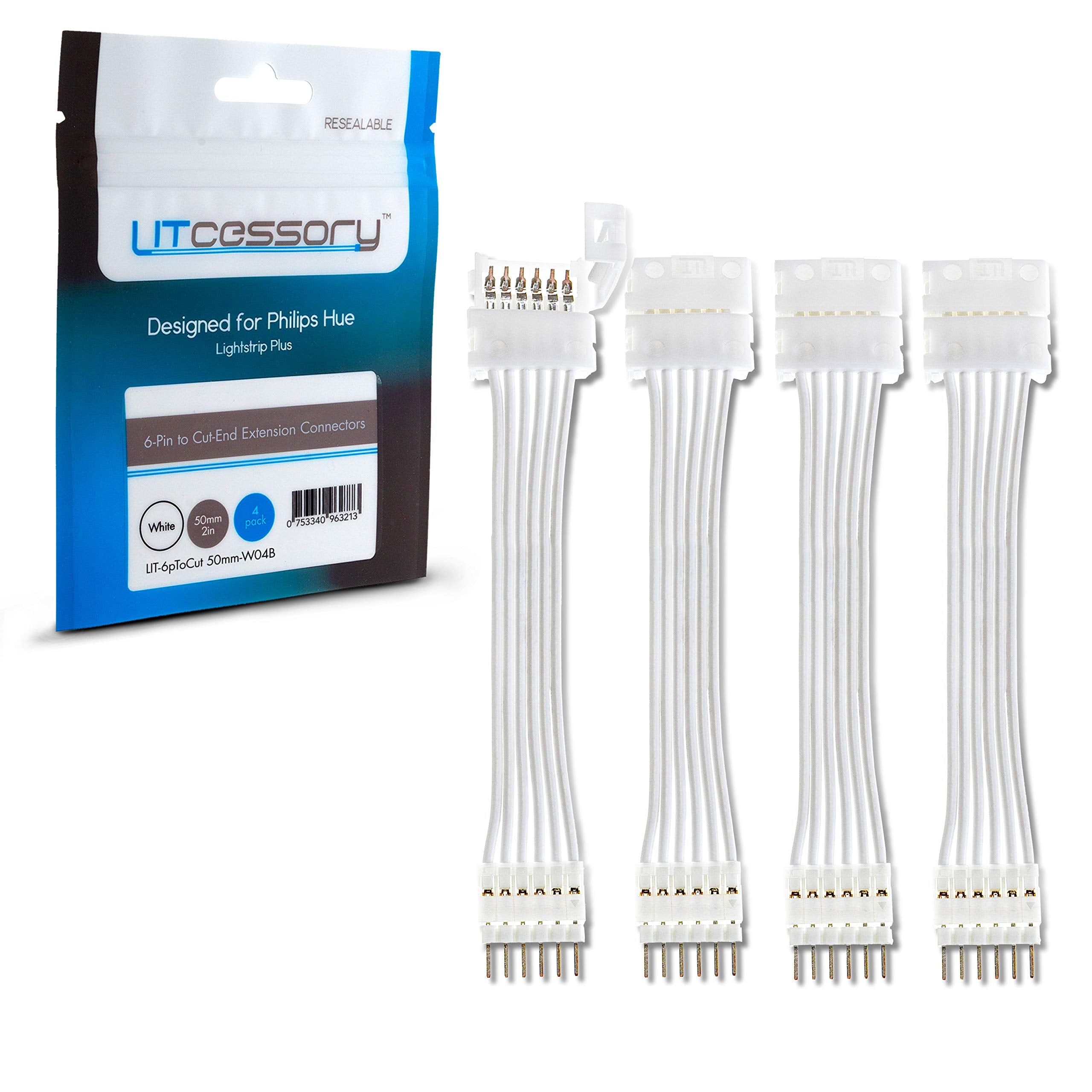 Litcessory 6-Pin To Cut-End Extension Connector For Philips Hue/Wiz Lightstrip (2In  4 Pack  White - Standard 6-Pin V3 / Wiz Lightstrip)