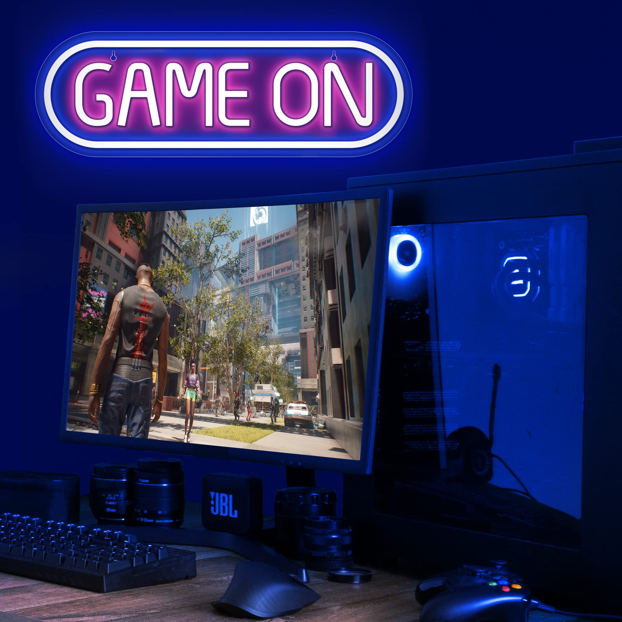 Lumoonosity Neon Sign - Game On LED Decor for Gaming Room - 16.5 x 5.5 inches - Blue & Pink Model NS-GAME ON