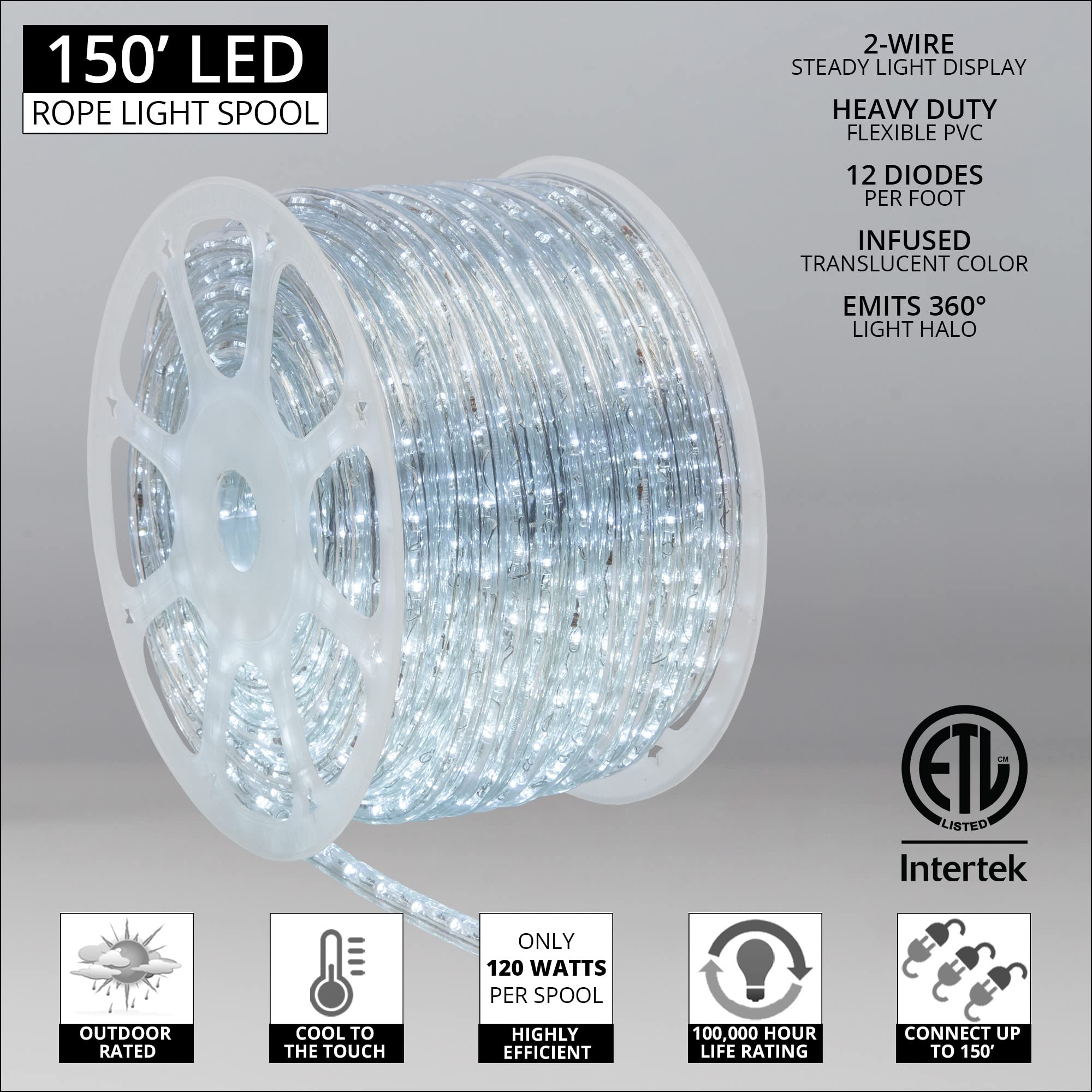 Wintergreen Lighting 150Ft 1800 Led Heavy Duty Rope Light Spool, 120V Etl Indoor Rope Lights Plugin Outdoor Tube Lights ½ Inch, Accessories And Mounting Clips Included, Cool White
