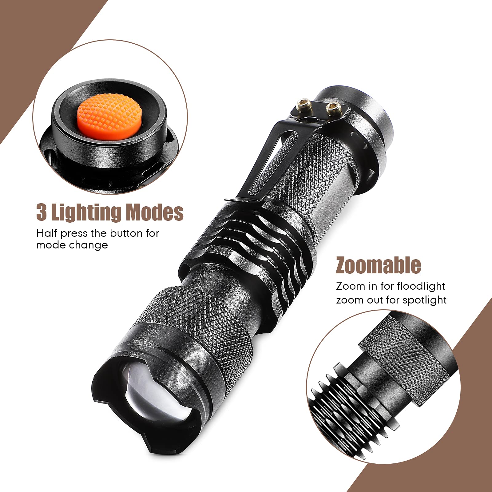 Mudder Mini Flashlight 10 Pack LED 3 Mode Adjustable Handheld Aluminum Black Model Mudder-t-5048