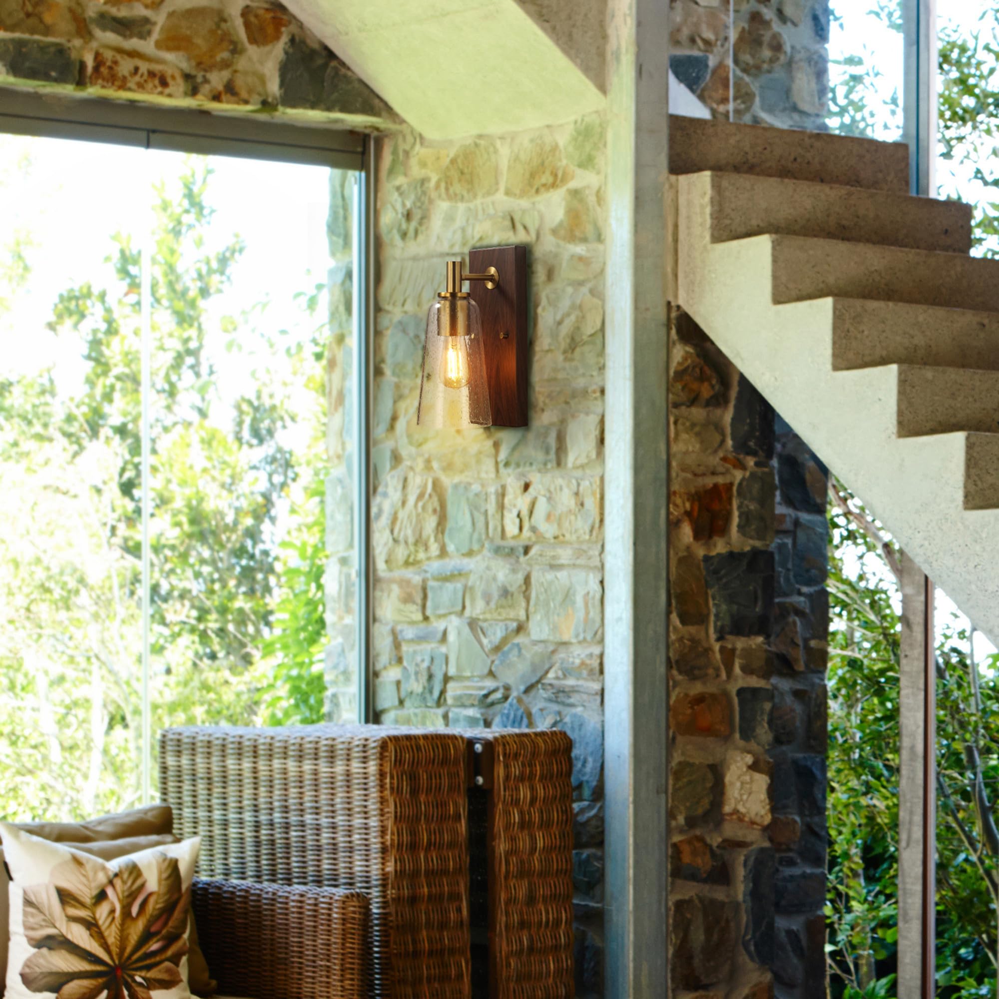 Globe Electric 65000051 1-Light Wall Sconce, Dark Wood Toned, Matte Brass Accents, Seeded Glass Shade, E26 Base Socket, Lights F