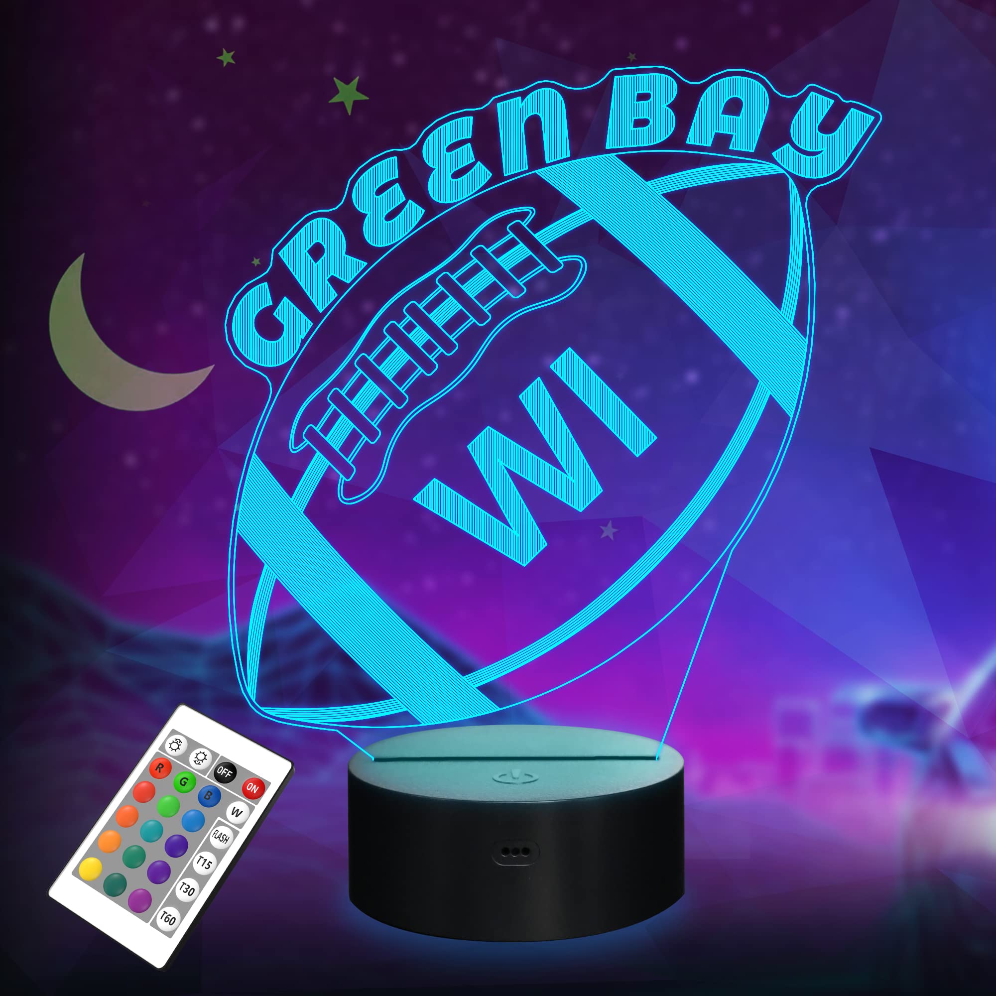 3D Football Green Bay Night Light, Football Gifts, 3D Illumination Light Boy Gift 16 Colors Changing Remote Control Children's R