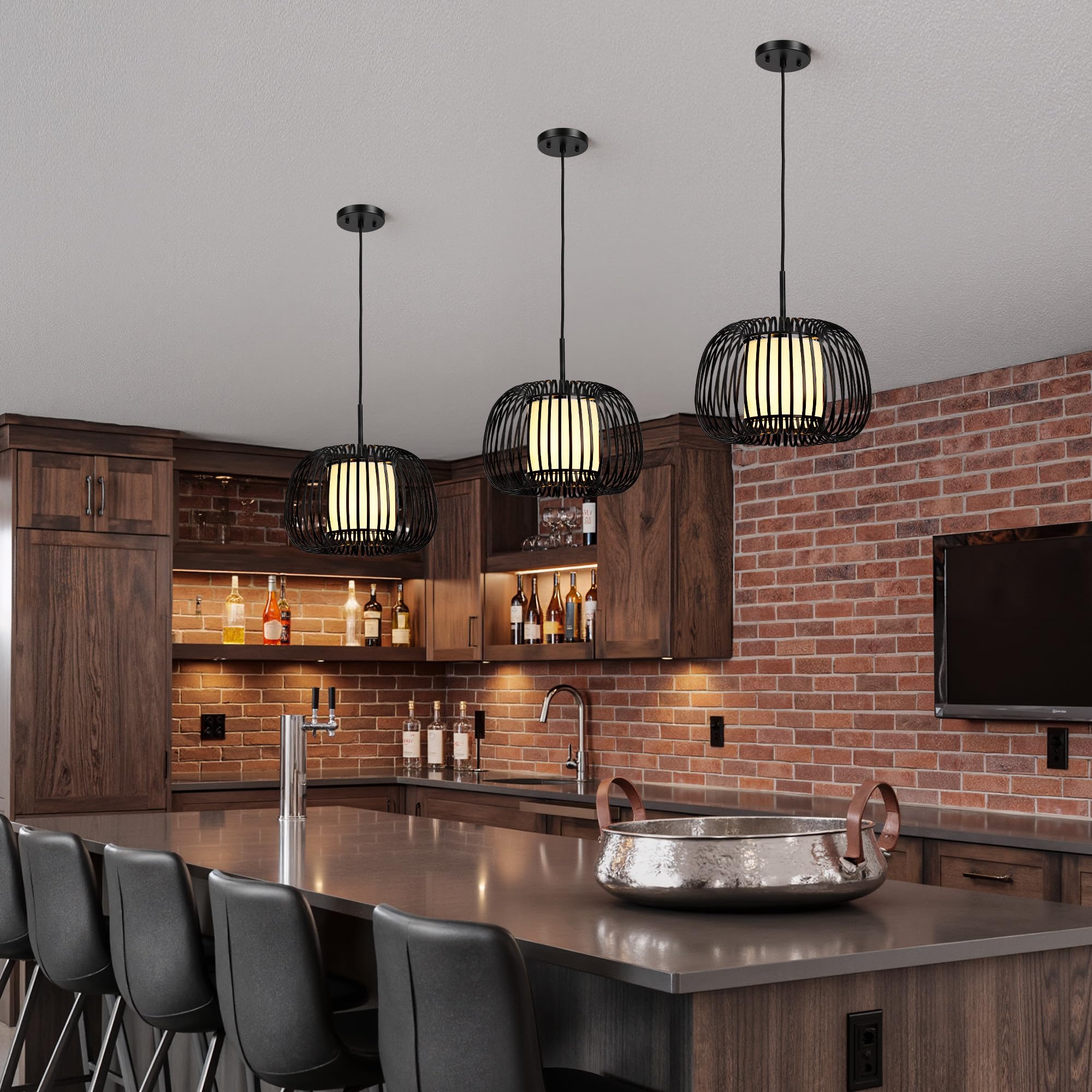 Linour Black Chandelier Ceiling Light Fixture, 13.7in Metal Drum Pendant, Adjustable, Model 8220PL-01BK-US
